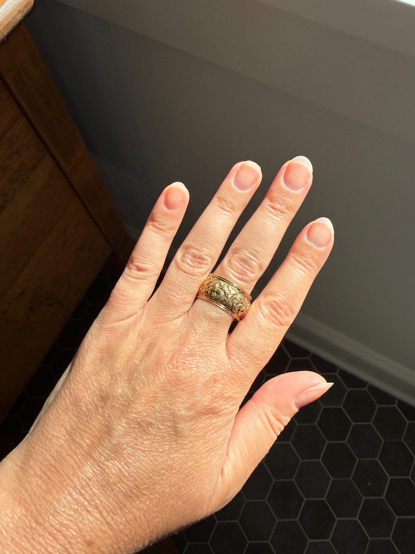 XL Antique FLORAL Embossed French Georgian Victorian Era Eternity Band 11mm Wide Ring 18k Gold Wedding Stacker Romantic Gift Flower Domed