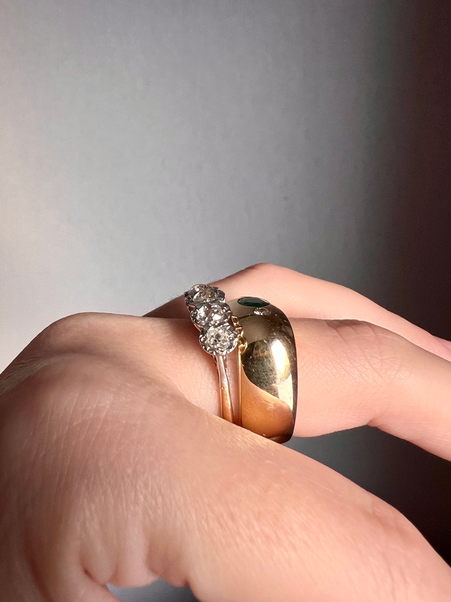 Antique 1.2 Carat Old Mine Cut DIAMOND 18k Gold Platinum Five Stone Ring Tall Band Splayed Stacker Blush Sunburst