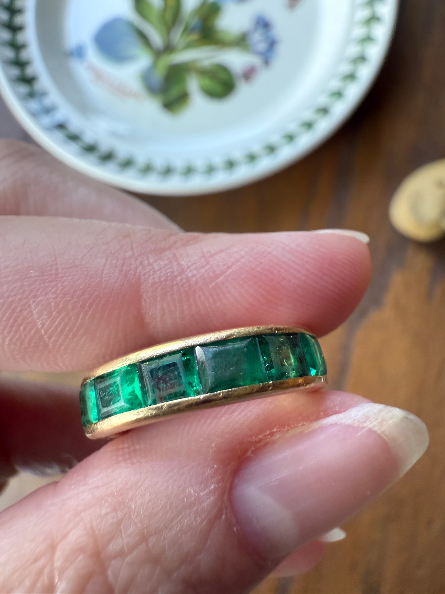 Vintage 5mm Channel Set 14 EMERALD Full ETERNITY Band Ring 18k Gold 2.25 Carat Skinny Line Stacker French Chunky Green