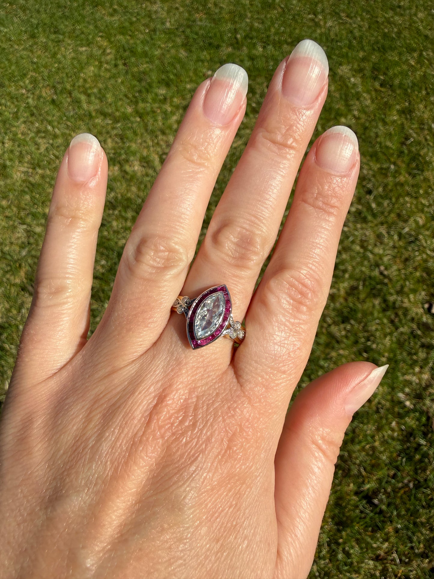 Vintage One Carat Old Cut MARQUISE Diamond Ruby HALO Navette French Art Deco Ring 18k Gold Platinum Belle Epoque Pink Rose Cut Accents