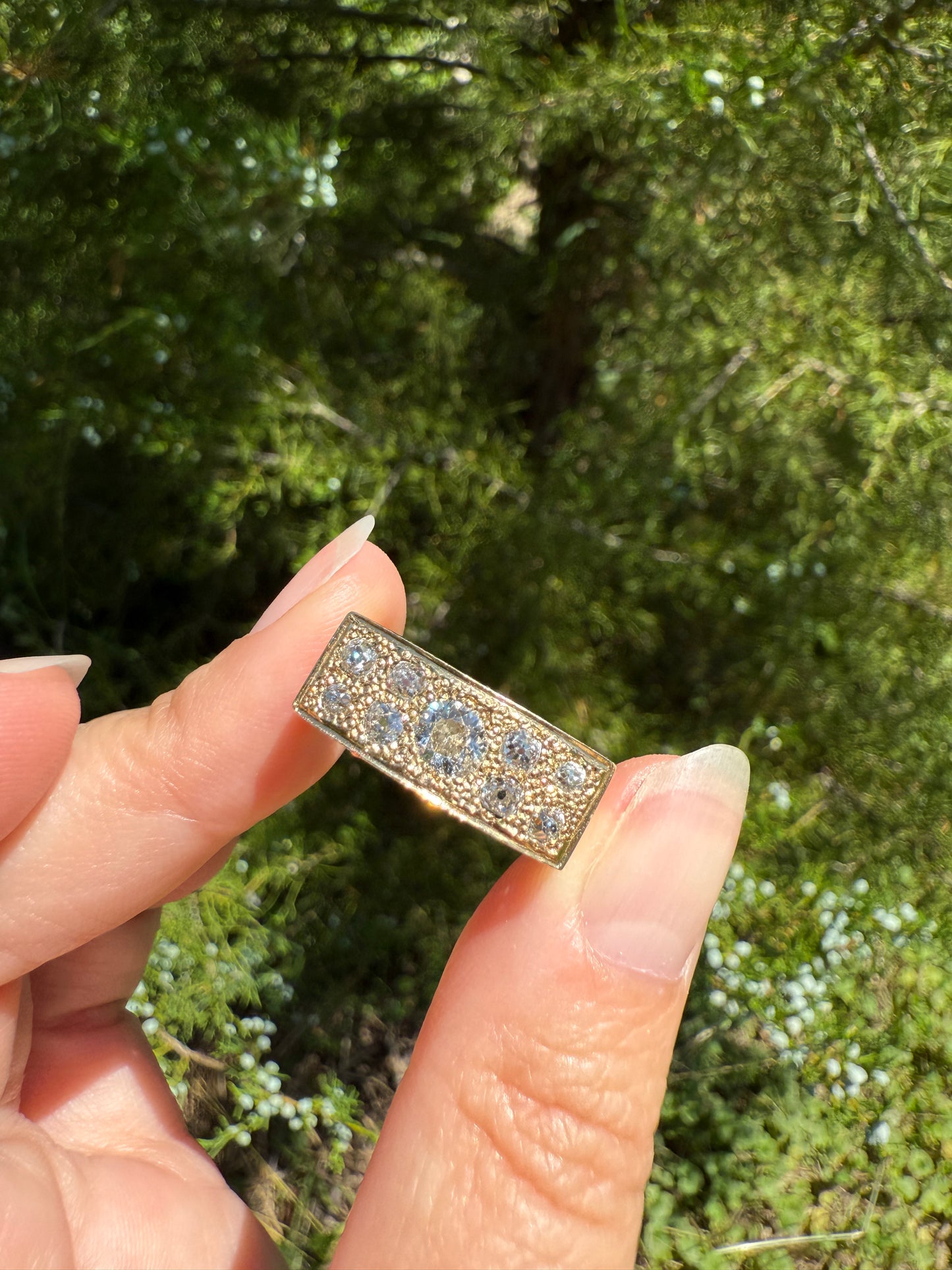 Transitional & Old Mine Cut DIAMOND 1Ctw French Vintage Grid Ring Platform Unisex Nine Stone Sturdy 7.5g 18k Gold Chunky Signet Stacker Gift