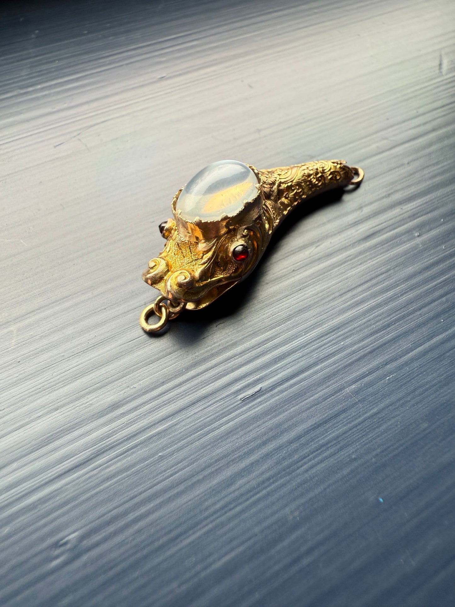 MOONSTONE Smiling SNAKE Large Victorian Antique Pendant CONNECTOR Extender Figural 10k Gold Solid Swivel Engraved Head Garnet Eyes
