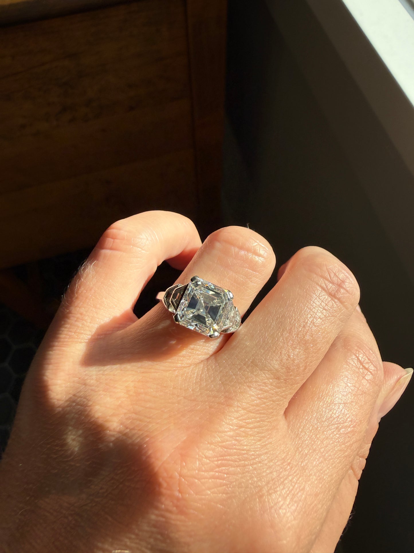 Exceptional 4 Carat Square Step Cut Diamond Solitaire Ring French PLATINUM w/ Trapezoid Accents Vintage to Art Deco 4.5Ctw Faces Eye CLEAN