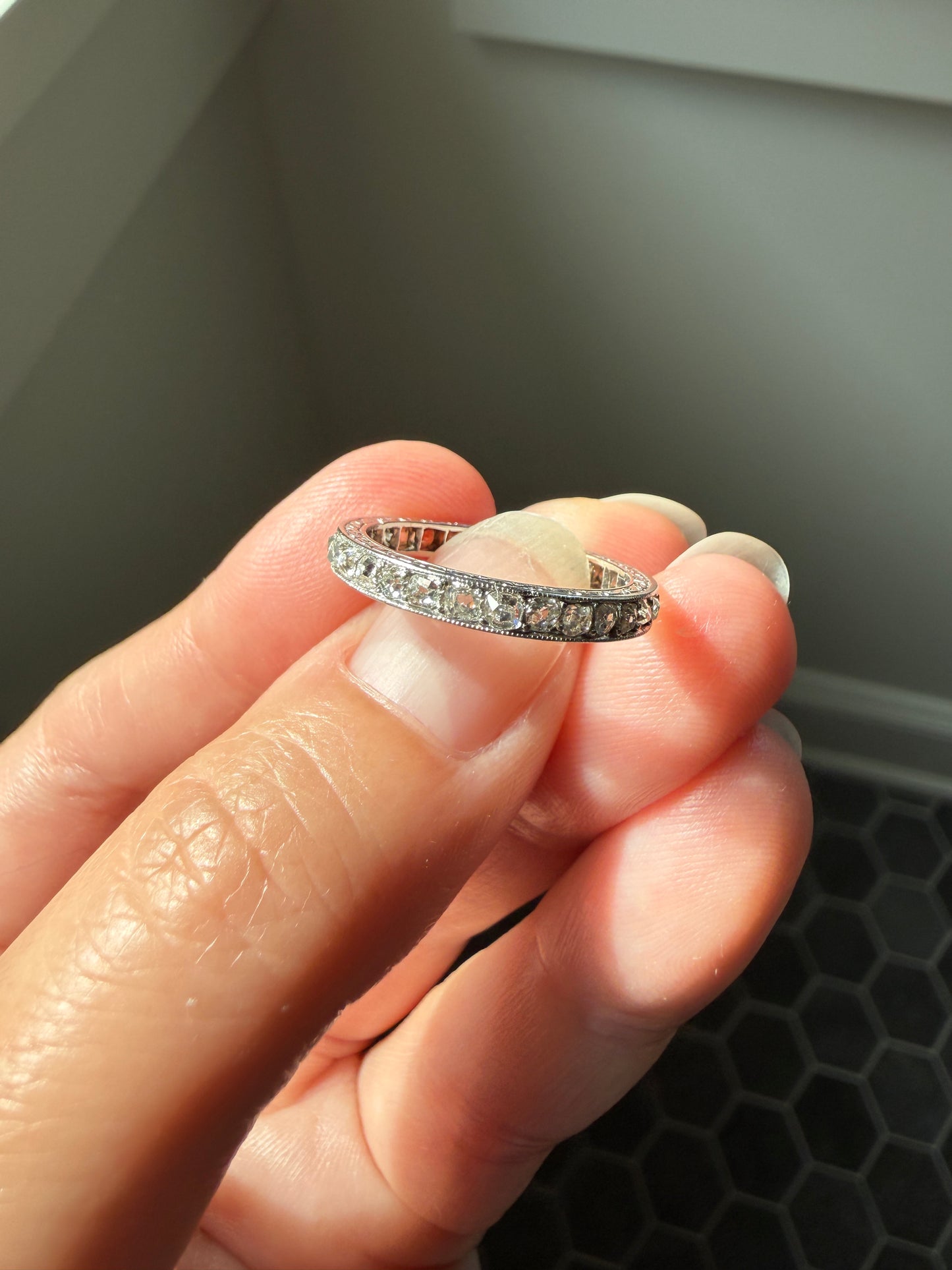 French Antique PLATINUM Chunky 1.5 Carat 29 Old Mine Cut Eternity Band Skinny Wedding Band Engraved Edwardian Stacker