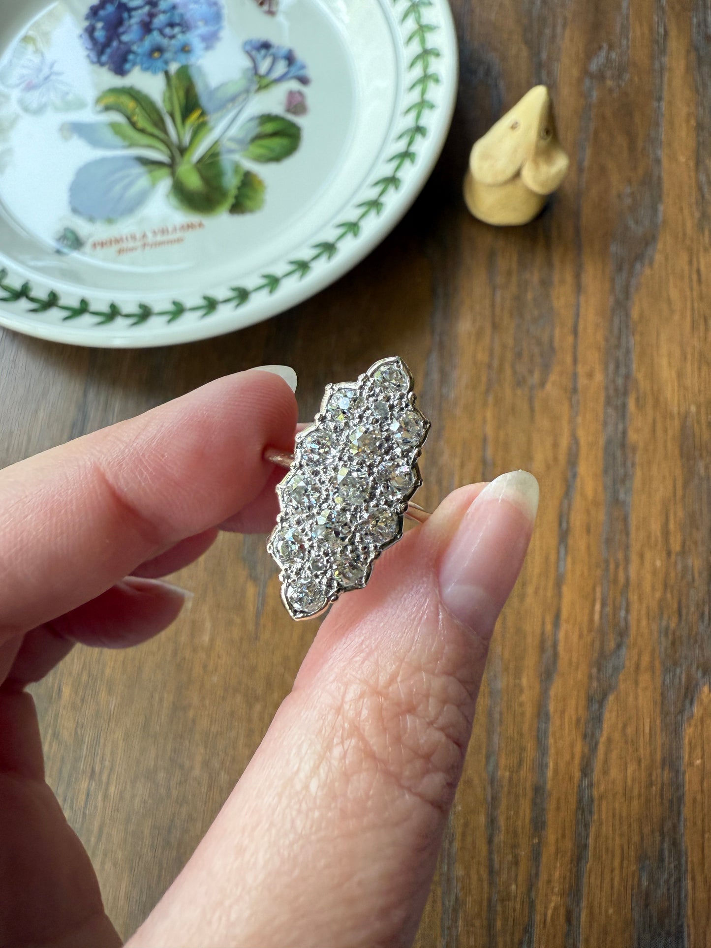 TALL Unique 2.3 Carat Old Mine Cut DIAMOND Navette Cluster Ring French Vintage 18k White Gold Demi Bezel Halo Cobblestone Texture 2.3Ctw OMC