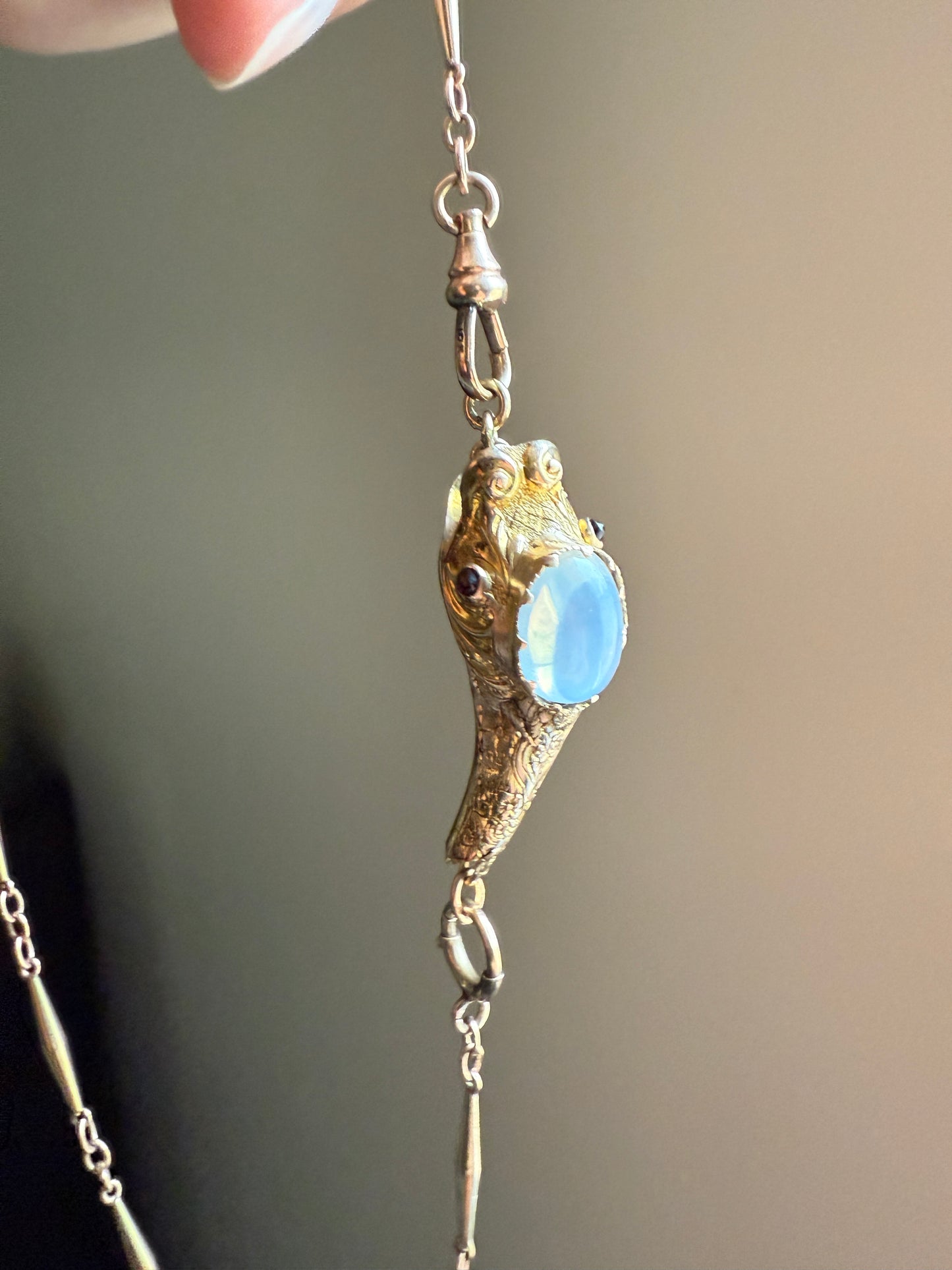 MOONSTONE Smiling SNAKE Large Victorian Antique Pendant CONNECTOR Extender Figural 10k Gold Solid Swivel Engraved Head Garnet Eyes