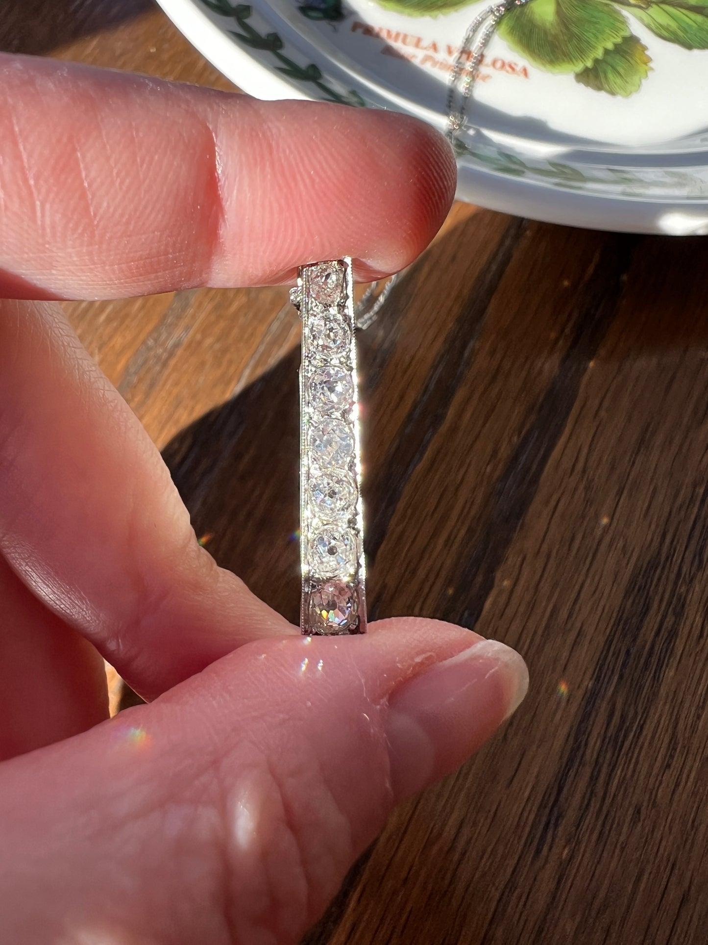 French Antique 1.4 Carat Old Mine Cut DIAMOND Line Dangle Seven Stone PENDANT Geometric 18k White Gold Chain