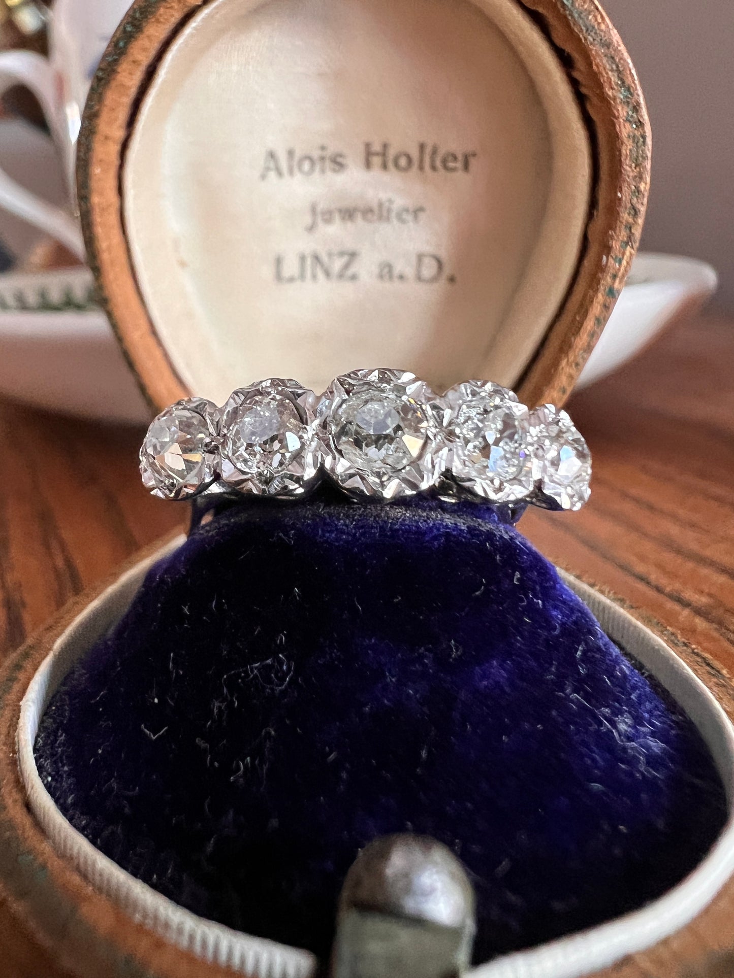 Antique 1.2 Carat Old Mine Cut DIAMOND 18k Gold Platinum Five Stone Ring Tall Band Splayed Stacker Blush Sunburst