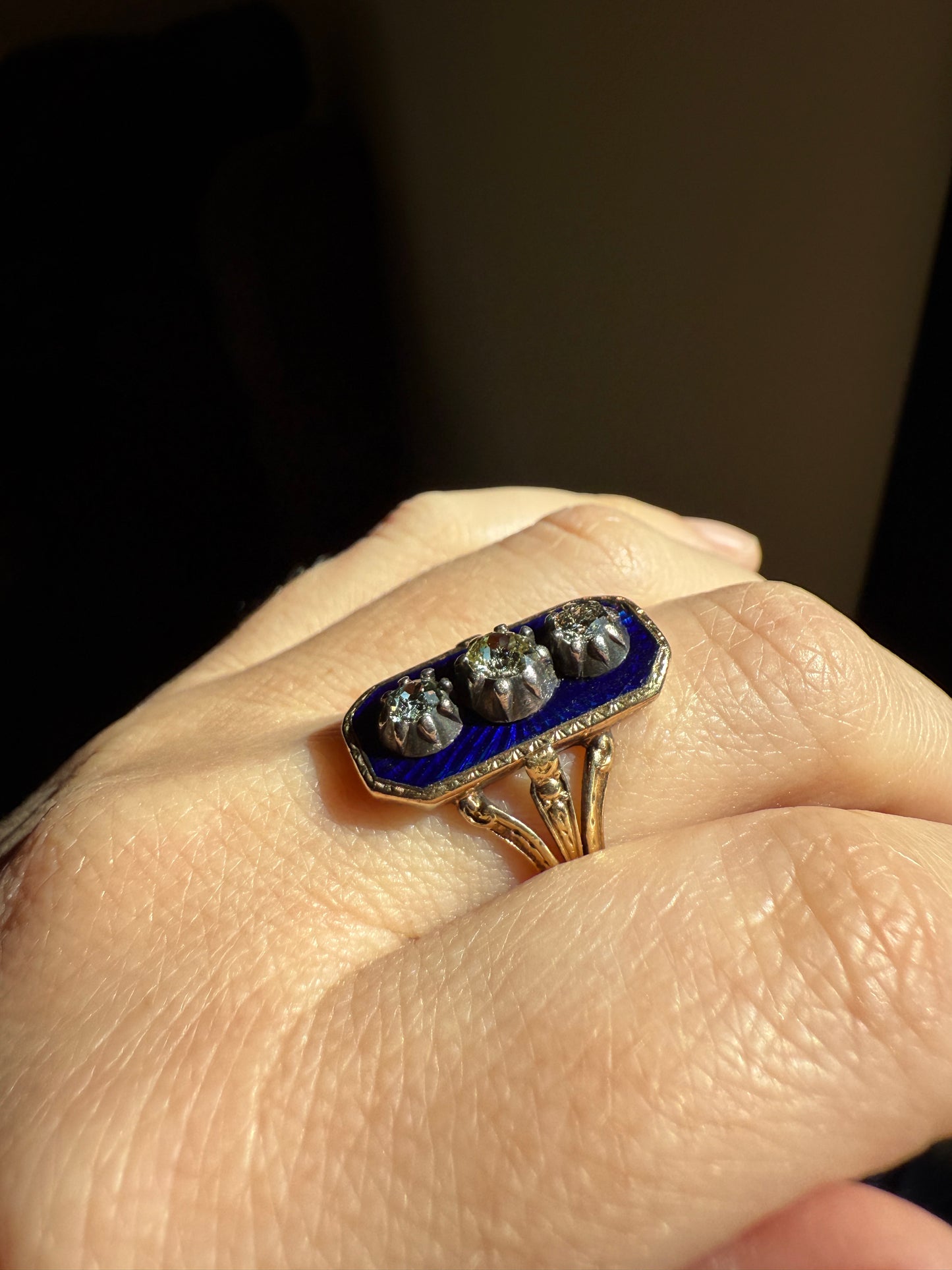 French Antique Georgian Bague Au Firmament .8 Carat Old Mine Cut Diamond Blue Enamel 18k Gold Ring of Heaven STAR Victorian