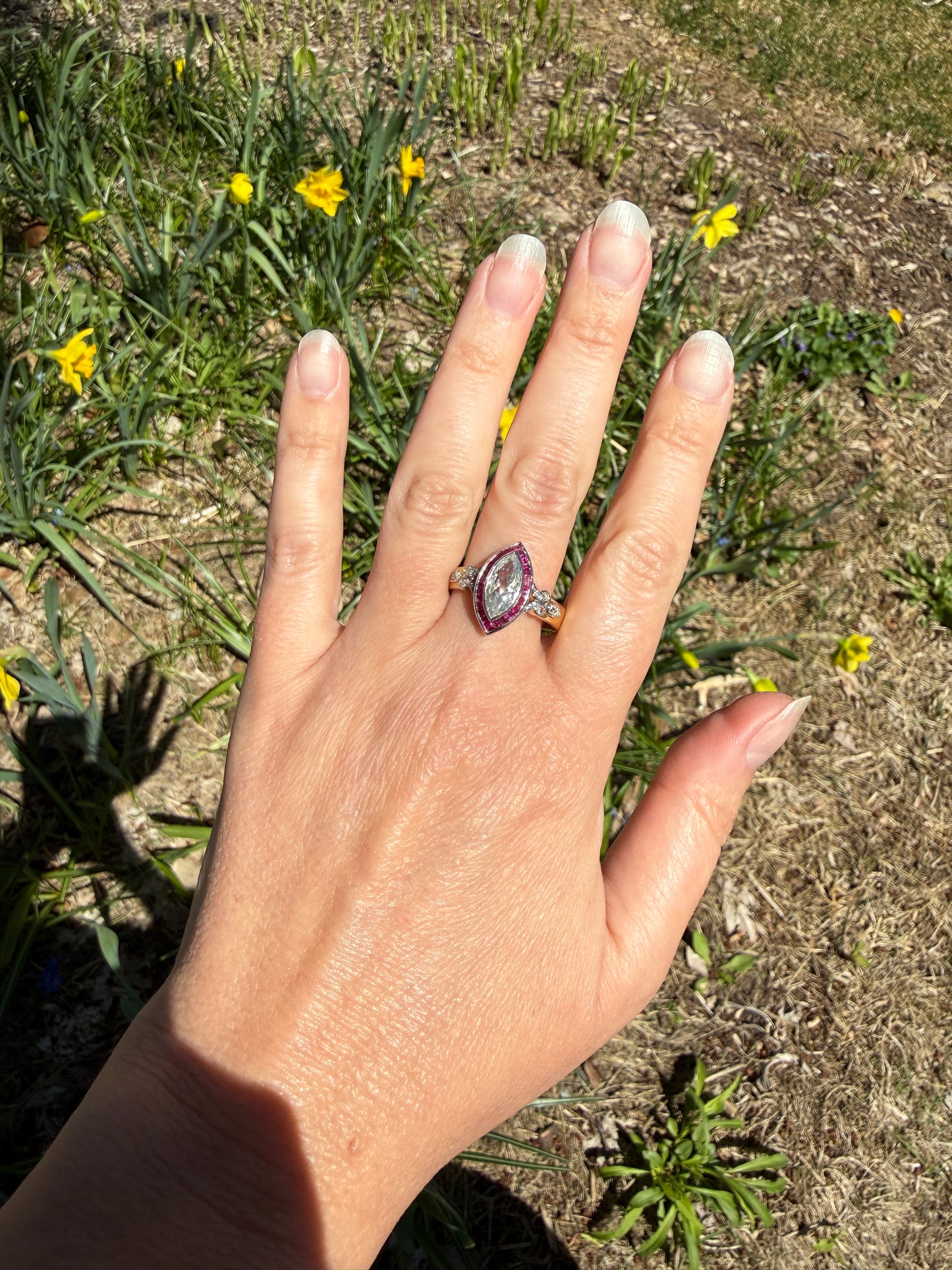 Vintage One Carat Old Cut MARQUISE Diamond Ruby HALO Navette French Art Deco Ring 18k Gold Platinum Belle Epoque Pink Rose Cut Accents