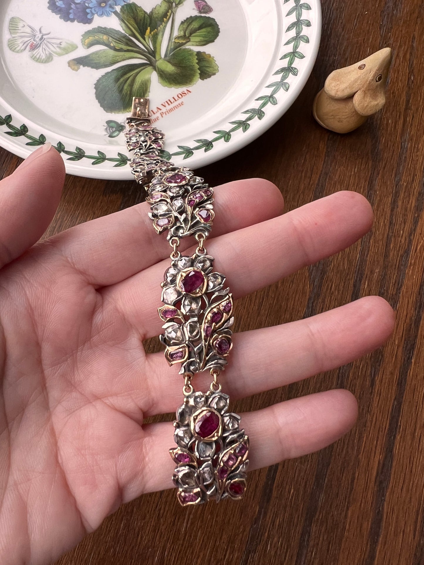 RARE Floral GIARDINETTI Antique Bracelet Flat Cut Ruby Pink Sapphire Rose Cut DIAMOND Figural Link Bracelet Georgian 14k Gold Silver