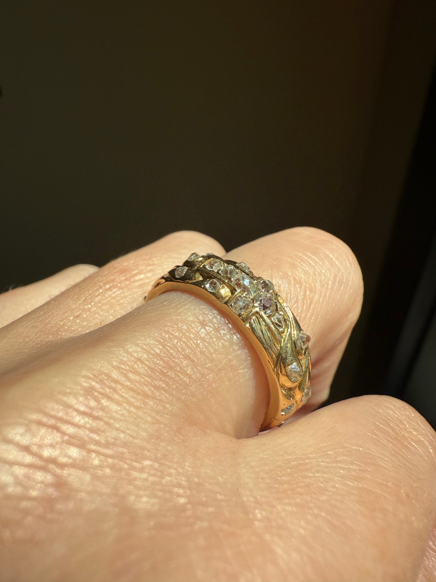 HEAVY One of a Kind Chunky Elongated 1.5ctw Old Mine Cut DIAMOND Encrusted Eternity Band French c1939 Ring 9.6g 18k Gold Anniversary? Dated