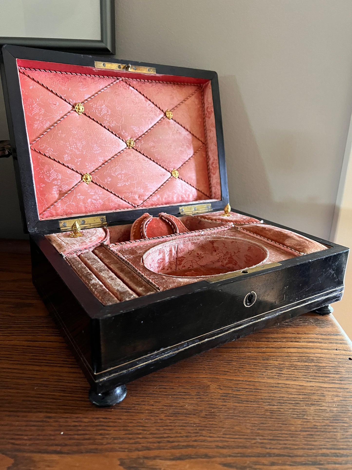 GORGEOUS French ORIGINAL Antique XL Wooden Jewelry Box Footed Inlay Brass Burl Salmon Pink Velvet Silk Interior Ring Holder