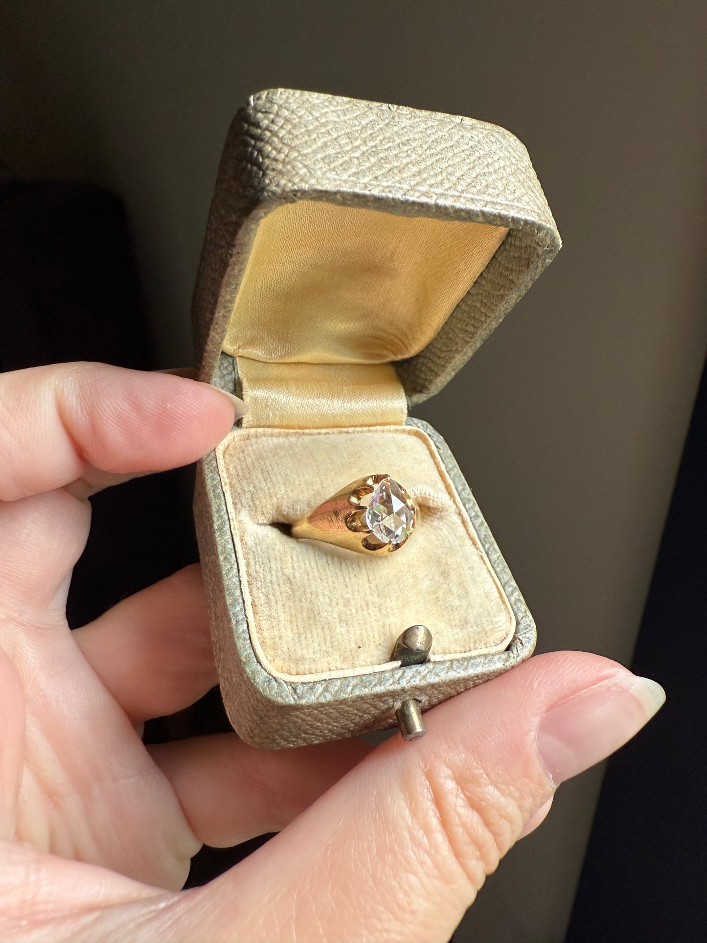 Special PEAR Open Back Rose Cut DIAMOND Original Antique Solitiare 18k Gold Buttercup Belcher Glowing Setting