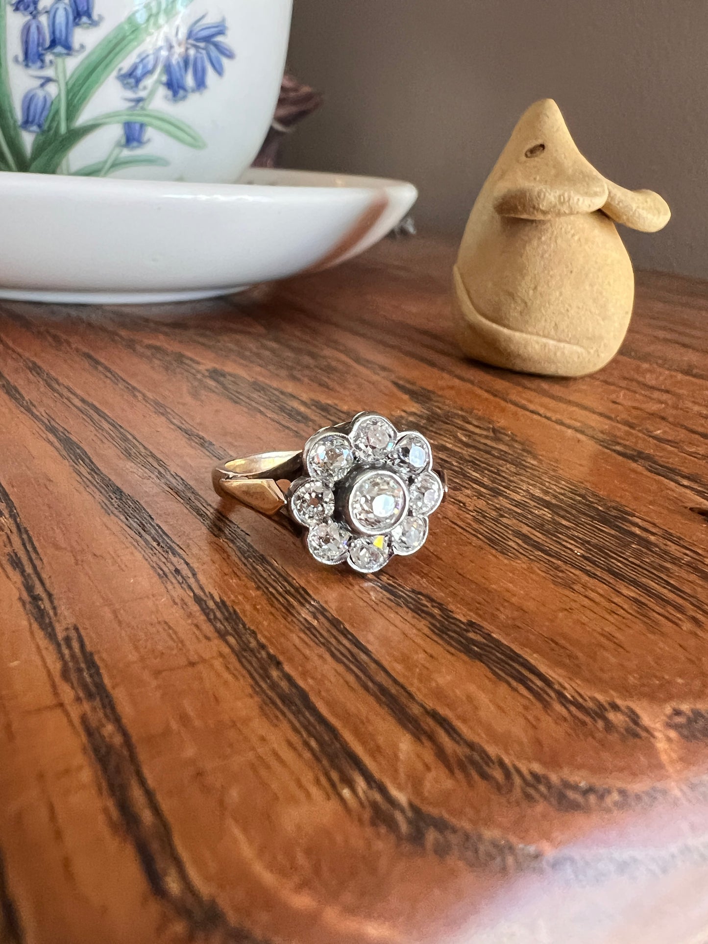 Antique Bezel Set Daisy CLUSTER Ring 1.2 CARAT Old Mine Cut DIAMOND Halo 14k Gold Stacker Victorian