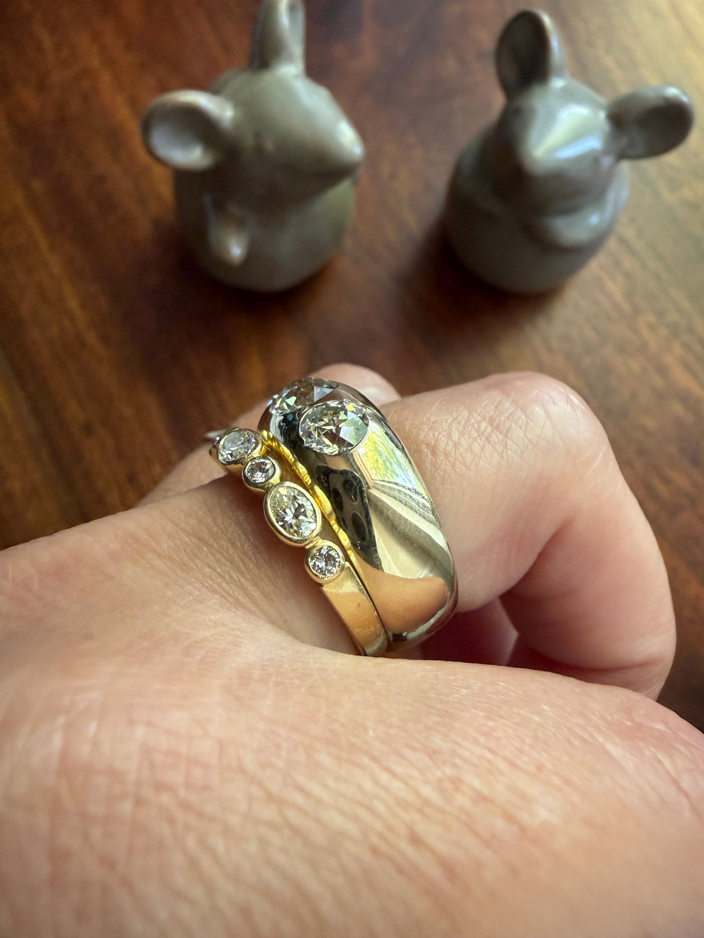 HEAVY Antique 2.4 Carats Natural Old Mine Cut Diamond Three Stone Gypsy Band 10.1g 14k Gold Stacker Ring Man Unisex Chunky