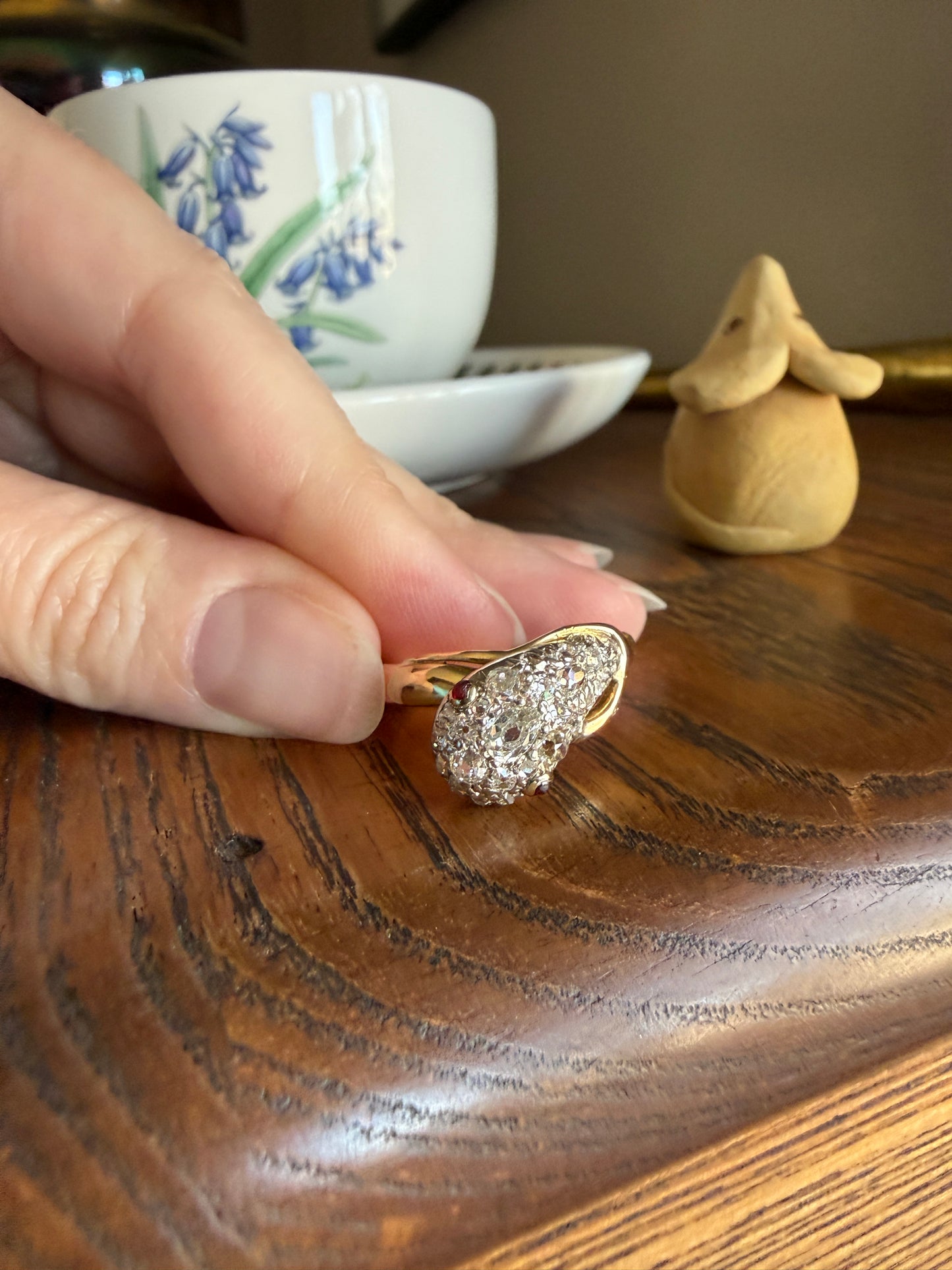 SNAKE Antique Figural Ring Chunky 1.5 Carat Rose Old Mine Cut Diamonds Encrusted Head Center Pear Ruby Eyes 18k Gold Solid 3D Band