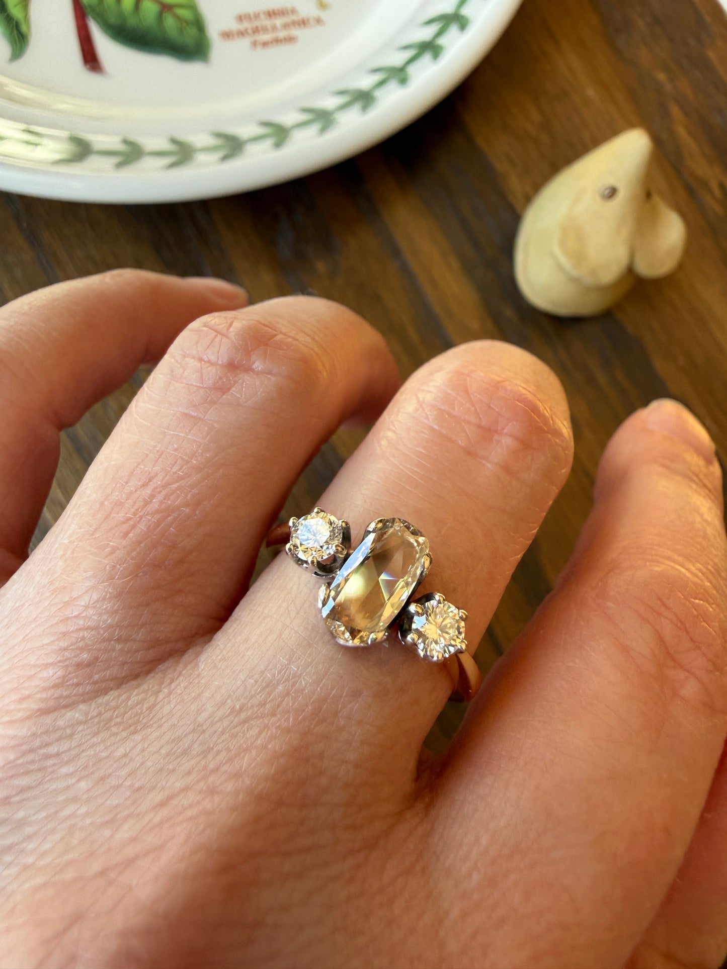 Unique Vintage Elongated Natural VS1 Portrait Rose Cut Three Stone DIAMOND Ring 18k Gold Solid Cushion Oval Stacker Band