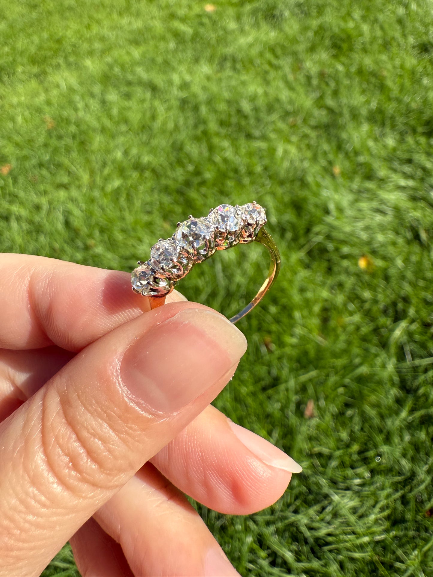Five Stone Victorian Antique 1.75 CARAT Old Mine Cut DIAMOND Tall Stacker Ring 18k Gold Skinny Band Wedding Anniversary