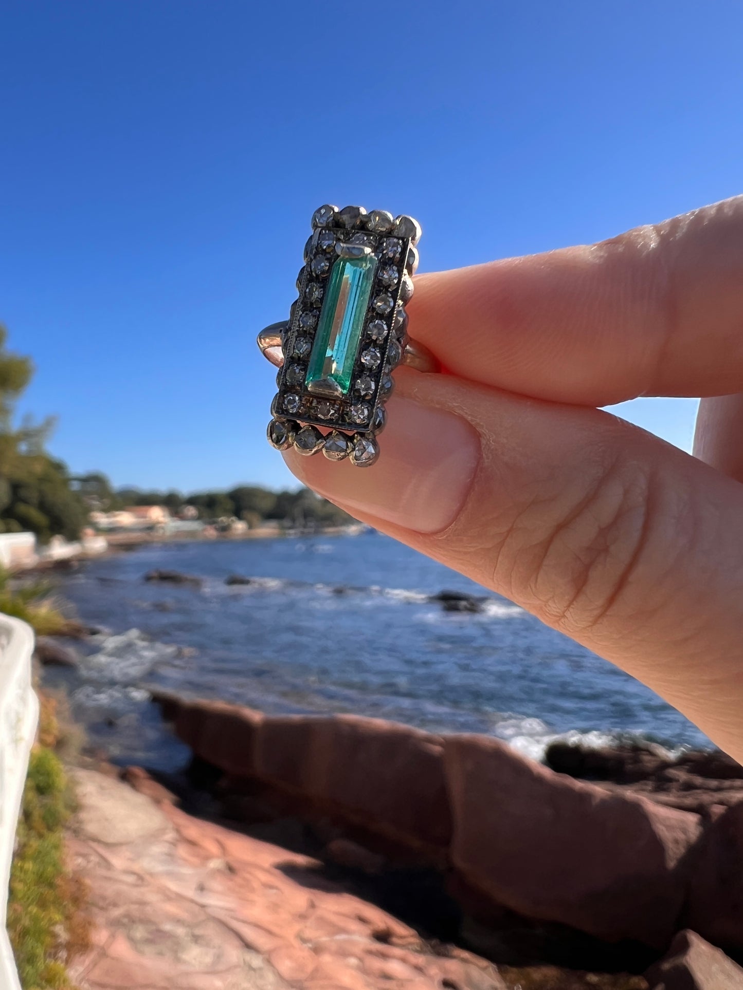 VICTORIAN Antique Emerald Cut Blue Green Tourmaline .5 Carat Rose & Single Cut Diamond Halo Panel Ring 14k Gold