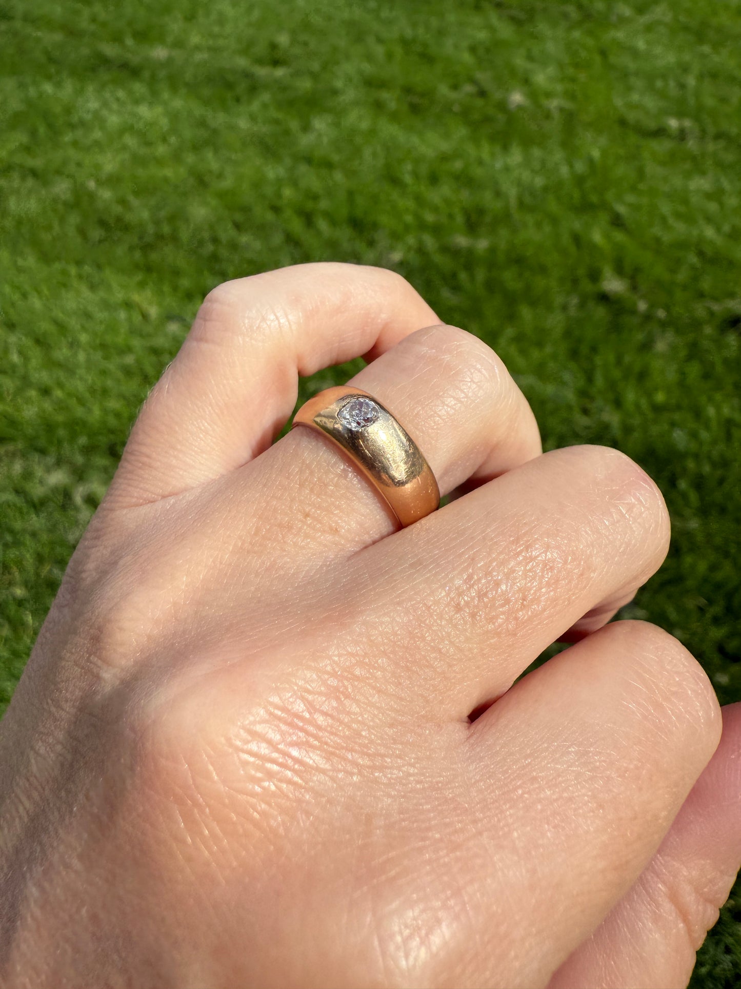 French Antique .3 Carat Old Mine Cut Diamond Gypsy Ring 18k GOLD Domed Band Solitaire Stacker Victorian Man Unisex