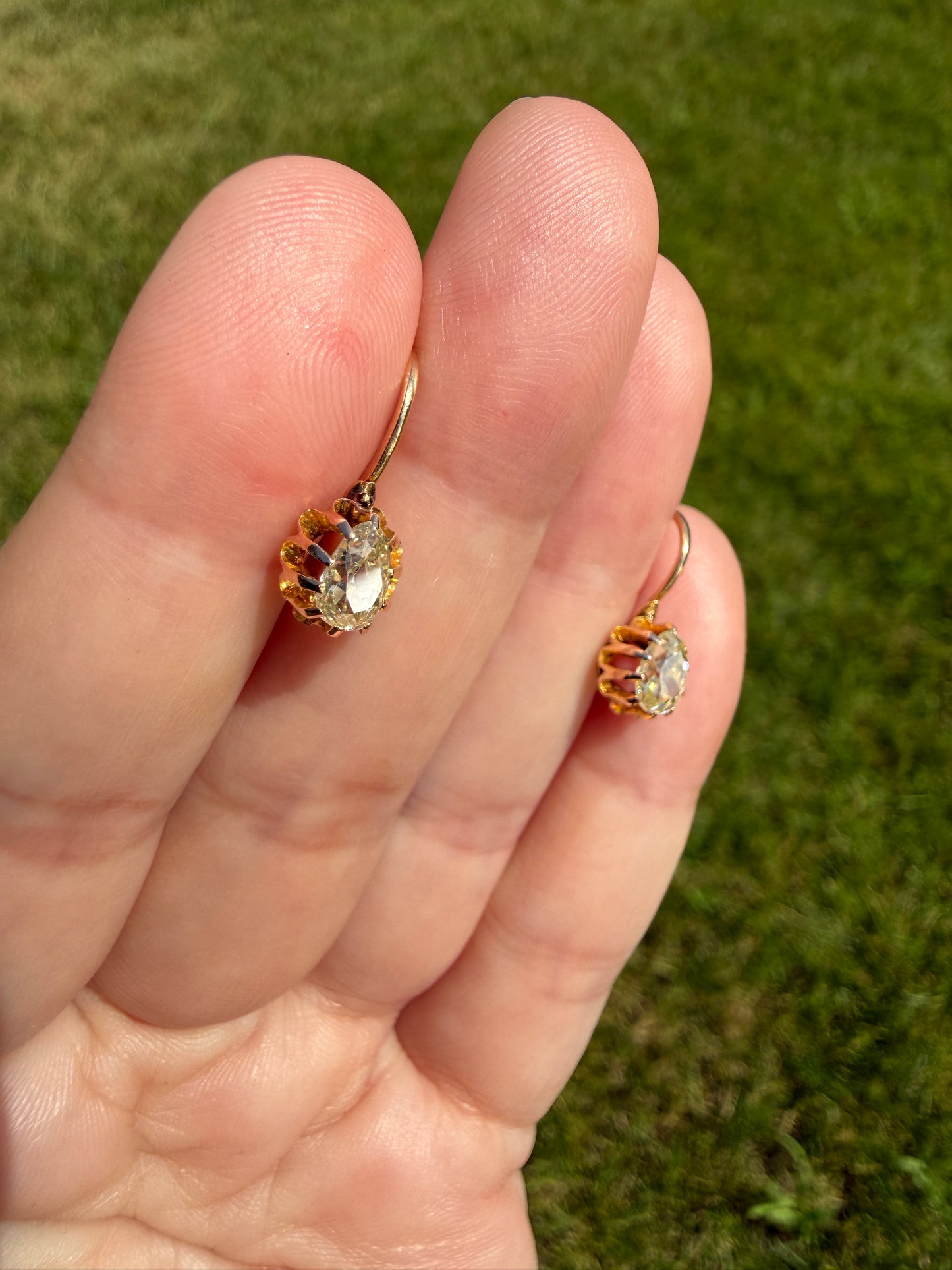 Rare PEAR Pale Yellow Old Mine Cut ANTIQUE One Carat Diamond Dormeuse Earrings 18k Gold Fixed Buttercup Setting Minimalist Sparkle Victorian