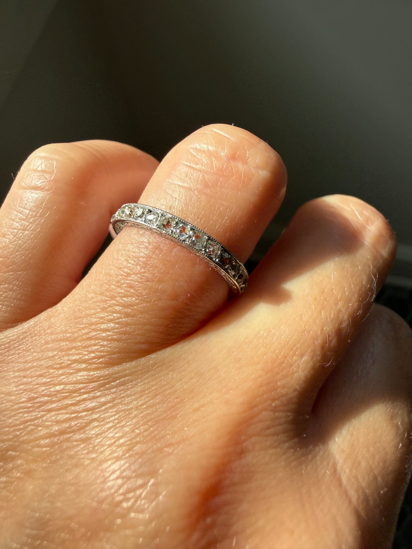 French Antique PLATINUM Chunky 1.5 Carat 29 Old Mine Cut Eternity Band Skinny Wedding Band Engraved Edwardian Stacker