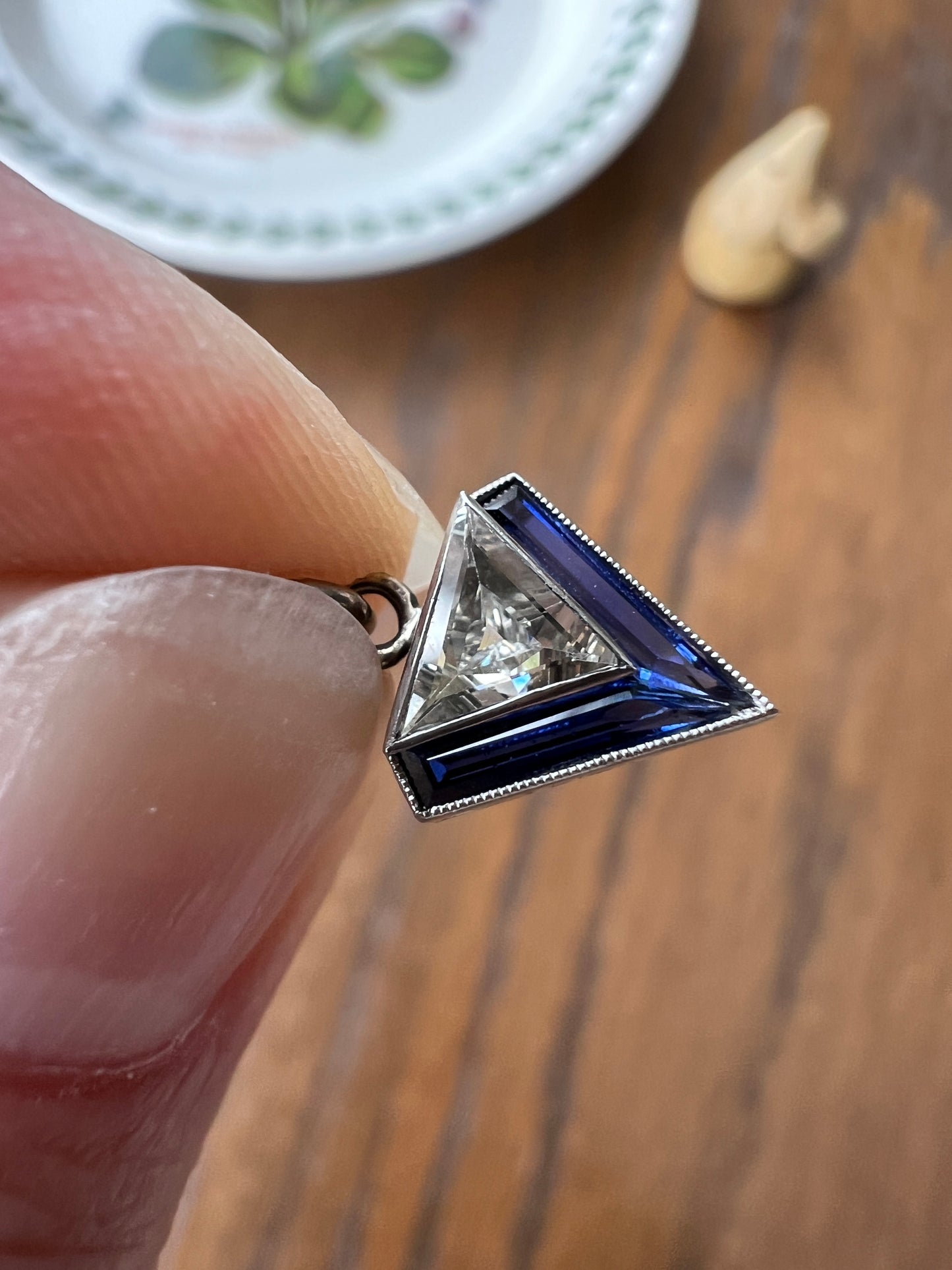 TRIANGLE Shield Antique RARE Lozenge Old Cut DIAMOND 18k White Gold Eye Clean Pendant Art Deco Blue Sapphire Halo One of Kind Gift Charm