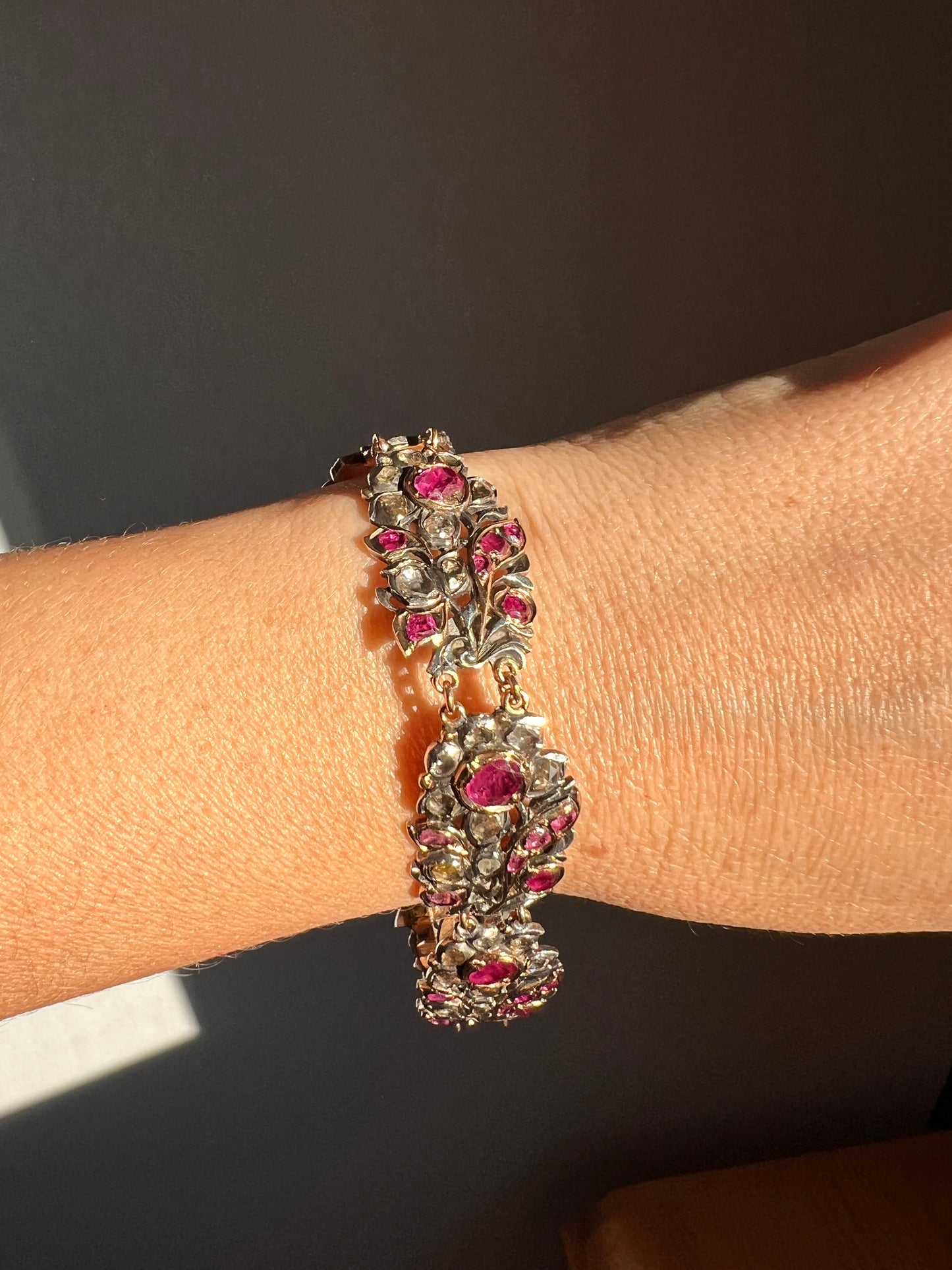 RARE Floral GIARDINETTI Antique Bracelet Flat Cut Ruby Pink Sapphire Rose Cut DIAMOND Figural Link Bracelet Georgian 14k Gold Silver