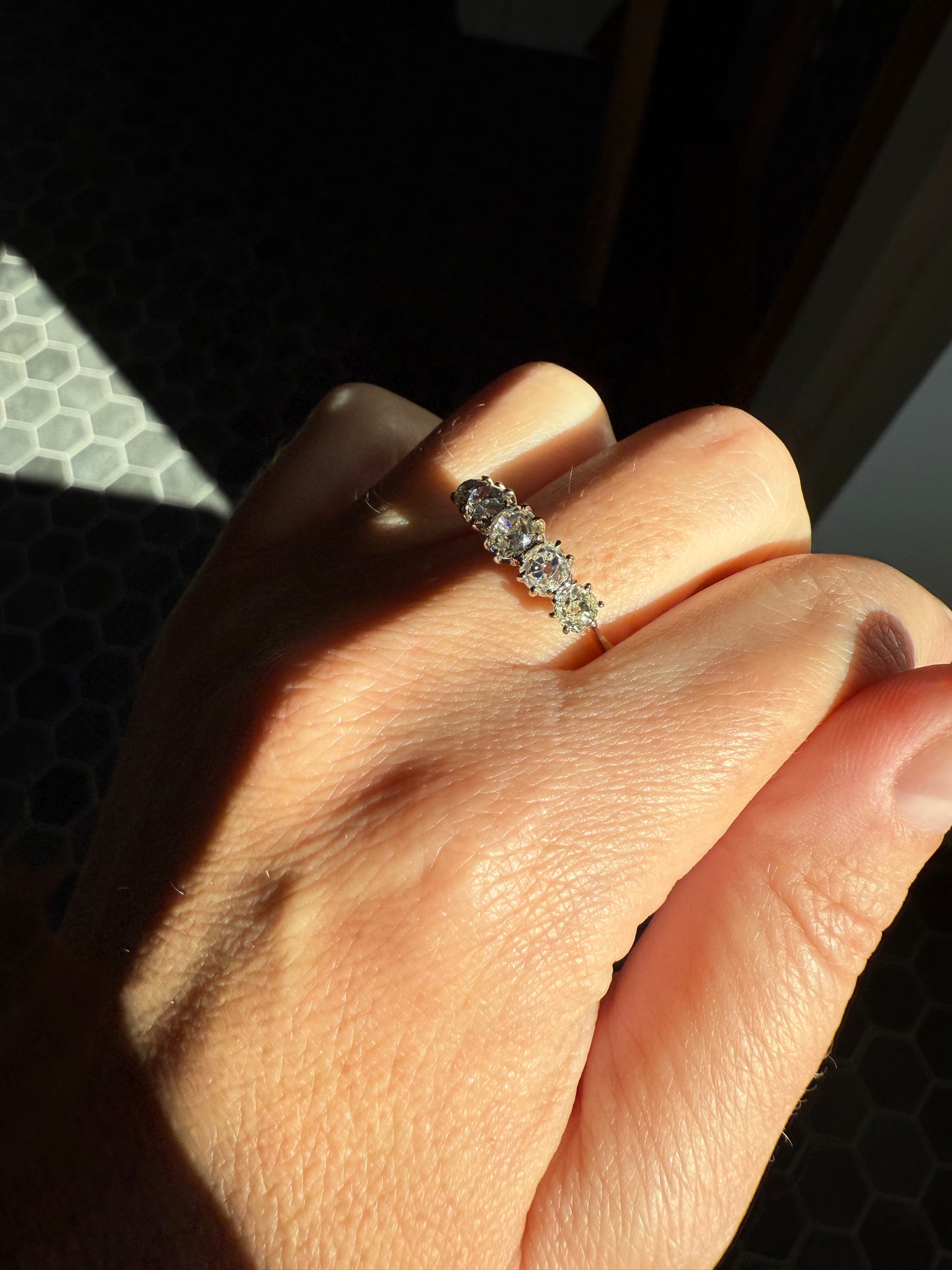 Five Stone Victorian Antique 1.75 CARAT Old Mine Cut DIAMOND Tall Stacker Ring 18k Gold Skinny Band Wedding Anniversary