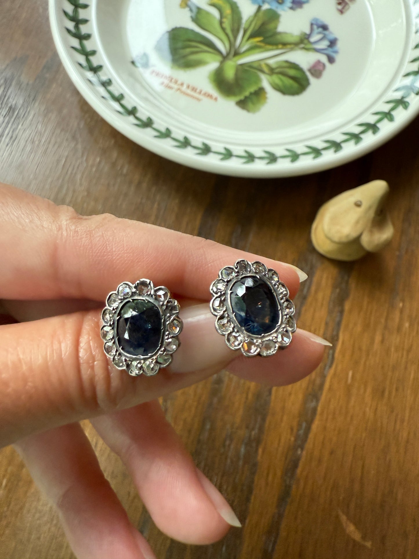 ANTIQUE Oval Natural SAPPHIRE Rose Cut DIAMOND Halo Large Stud Earrings 18k Gold Silver Topped Blue