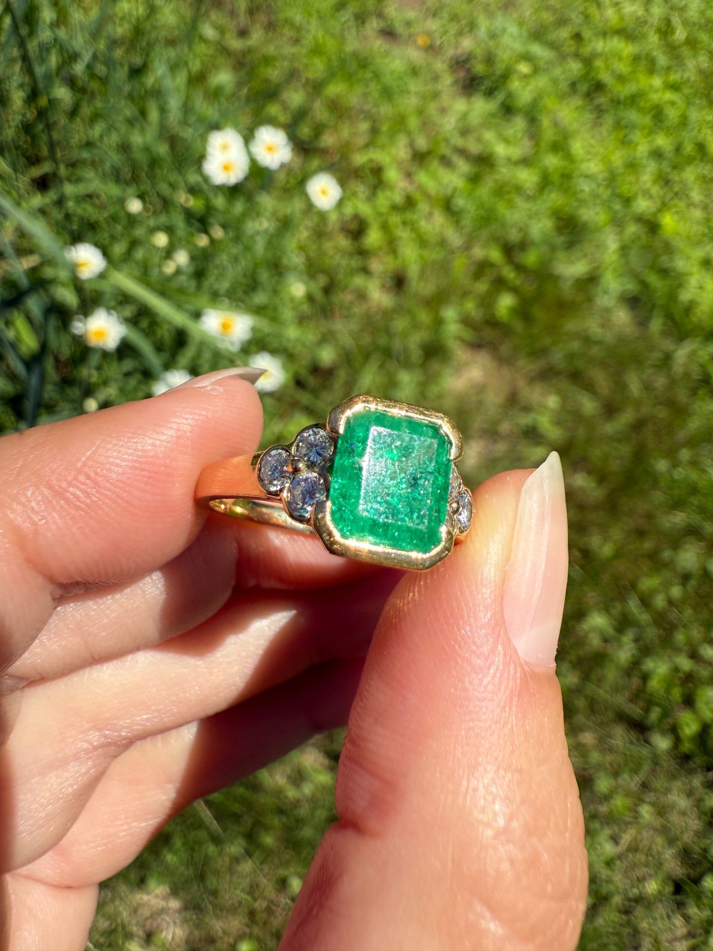 Vintage Rectangular Emerald Diamond Seven Stone Ring French 18k Gold Band Retro Stacker Green Sparkle Colorful Gift Tall Demi Bezel
