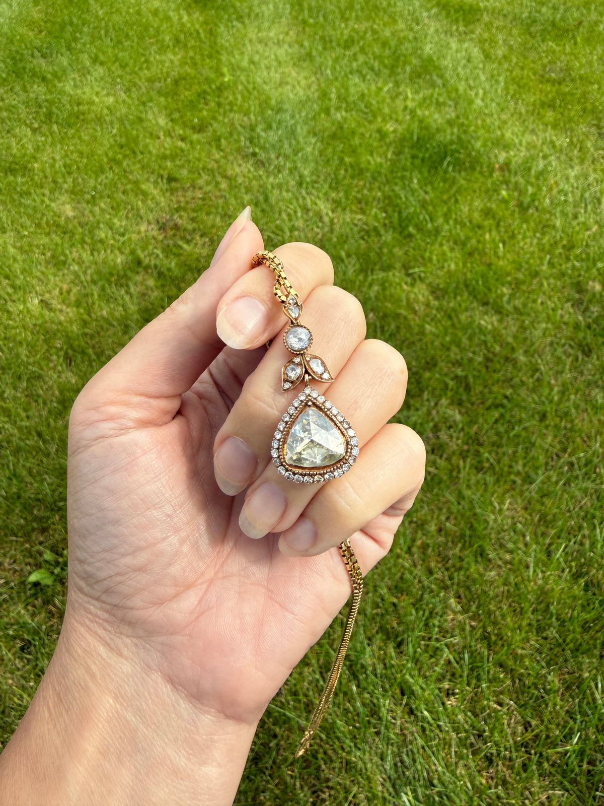 PEAR Triangular Antique XL Natural 3.5 Carats Old Dutch Rose Cut DIAMOND Pendant 14k Gold 5.4 Carats Face Up Retro Vintage 18k Venetian Chain