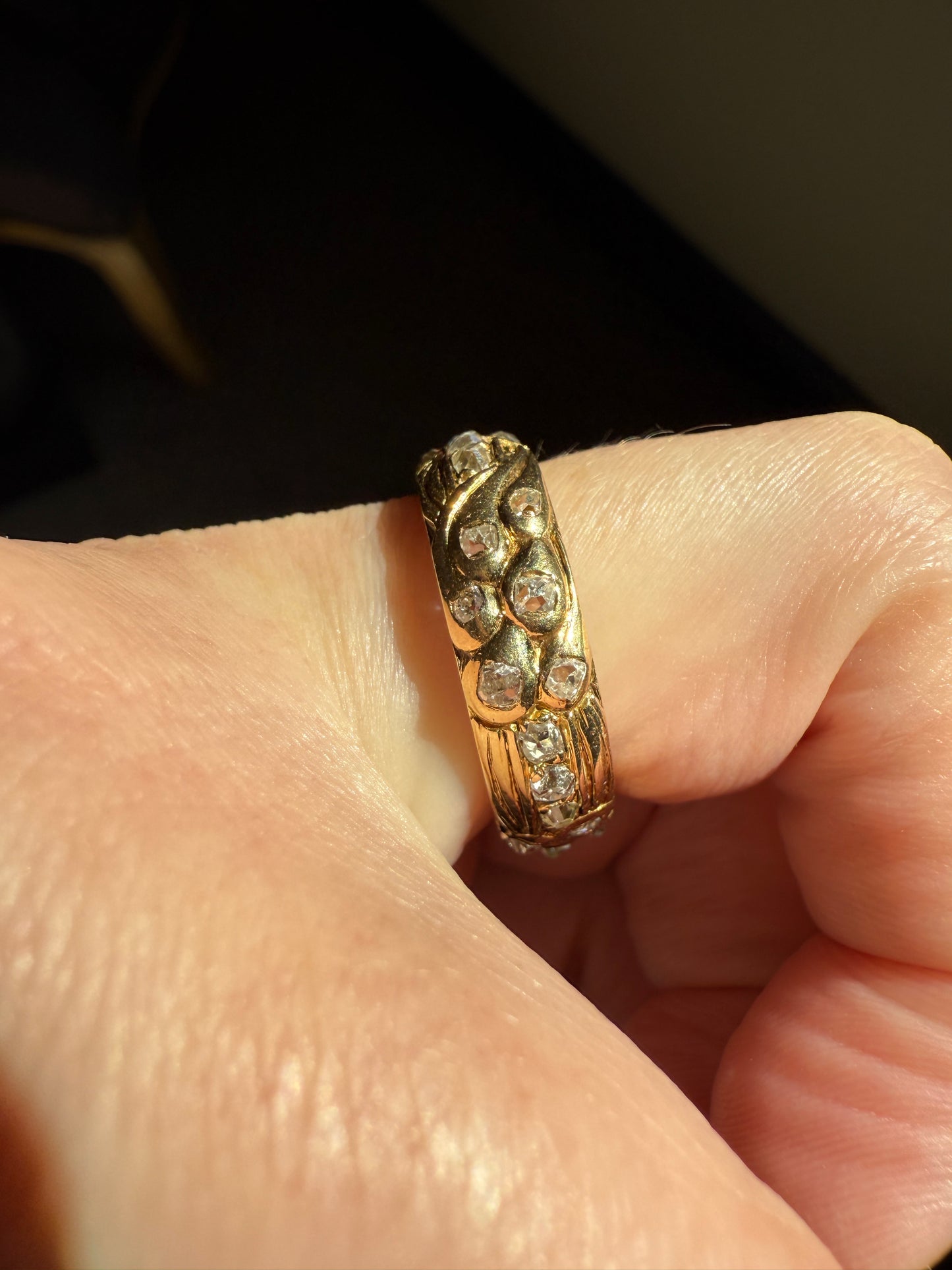 HEAVY One of a Kind Chunky Elongated 1.5ctw Old Mine Cut DIAMOND Encrusted Eternity Band French c1939 Ring 9.6g 18k Gold Anniversary? Dated
