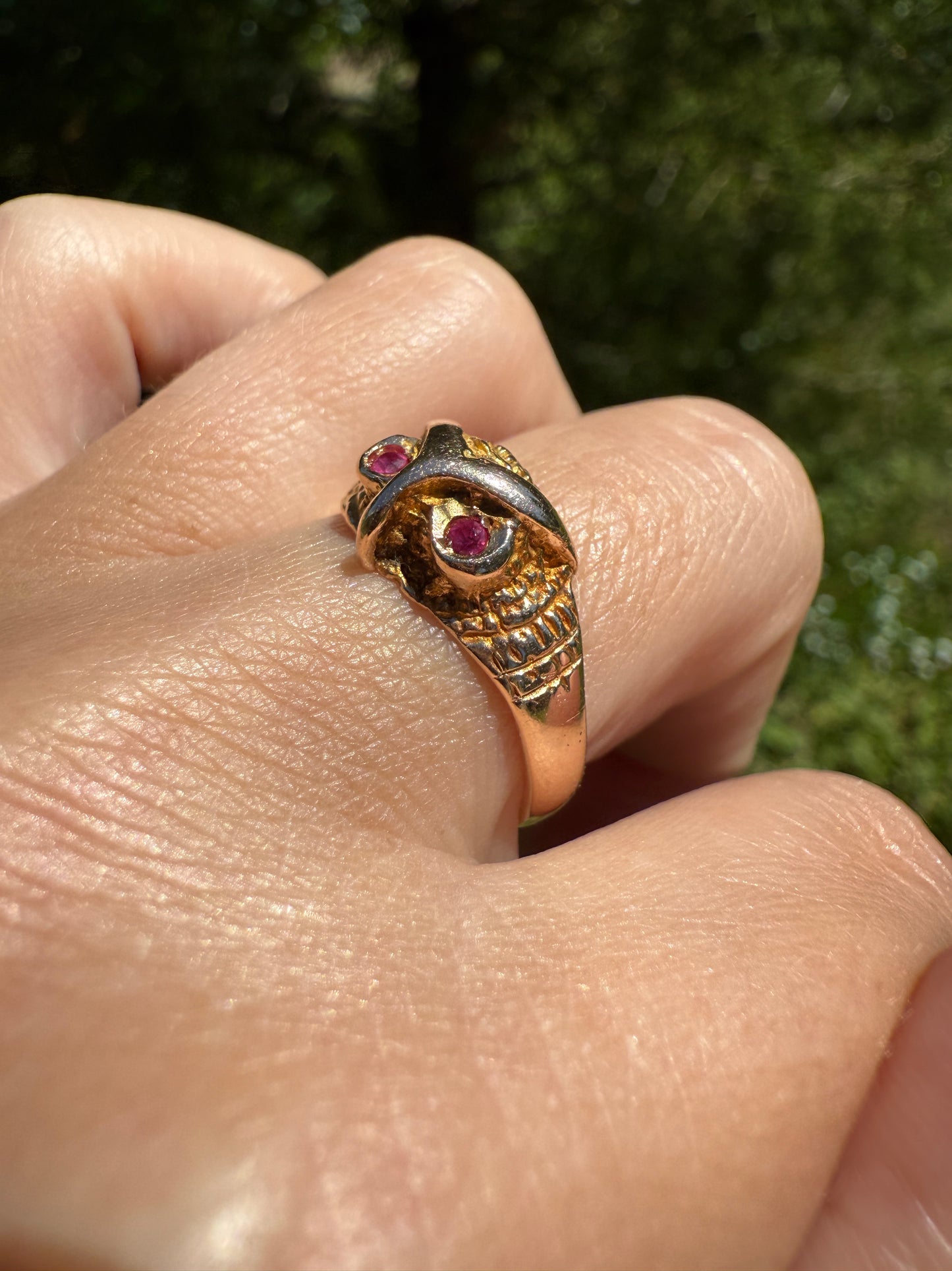 OWL French Vintage 18k Gold Perched Figural Ring Diamond and Ruby Eyes