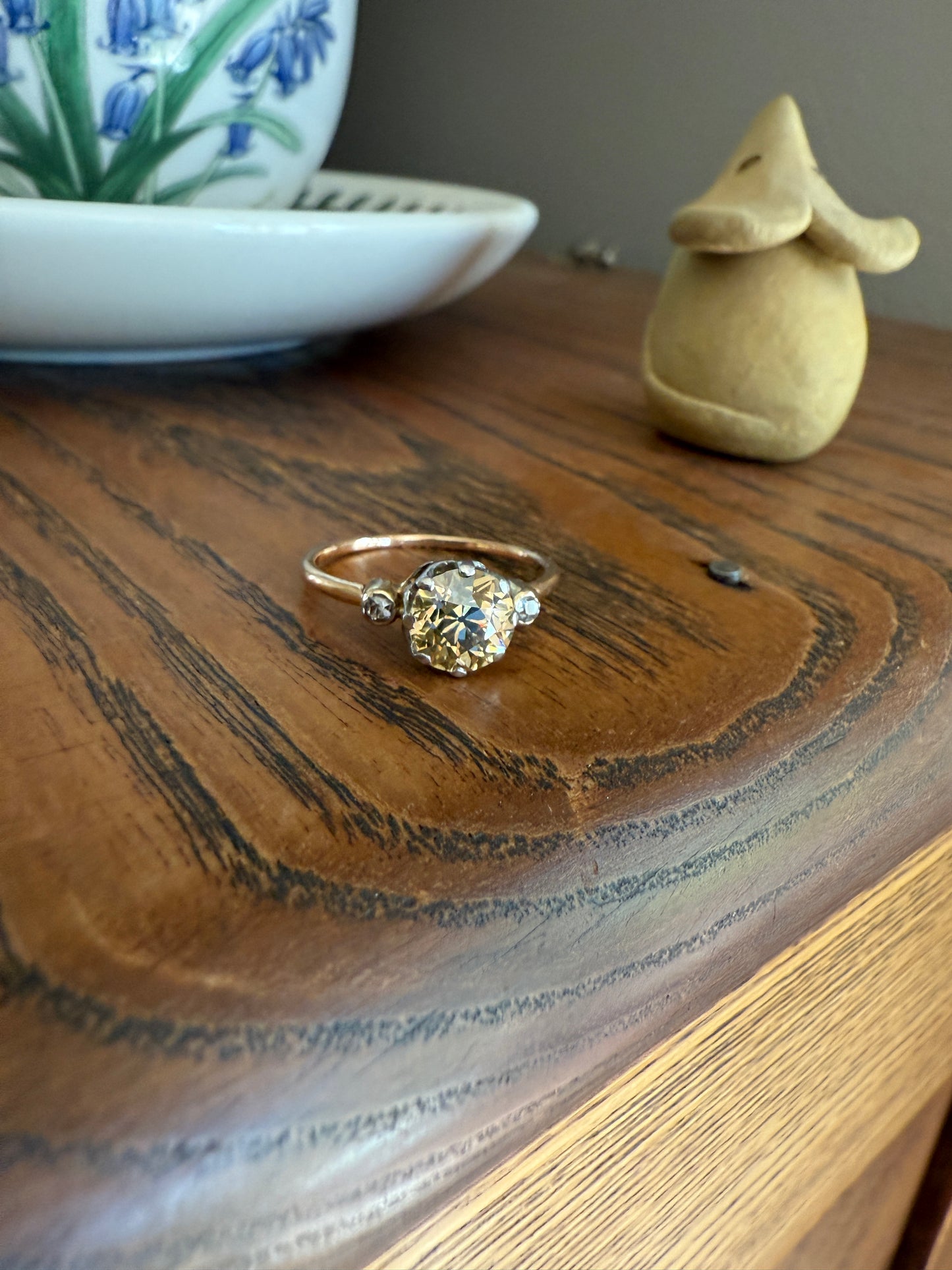 Antique Eye Clean Color Change 1.5 Carat Antique Fancy Champagne Green Yellow Old Mine Cut DIAMOND Solitaire Ring Three Stone 18k Gold
