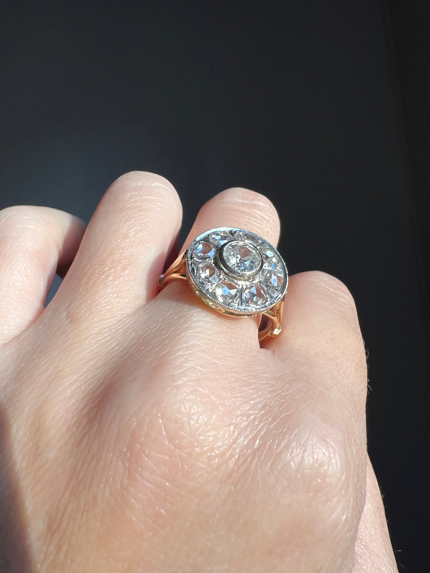Edwardian HALO 1.5 Carat Bullseye Ring French Antique Rose Old European Cut DiAMOND Cluster Ring 18k GOLD Platinum