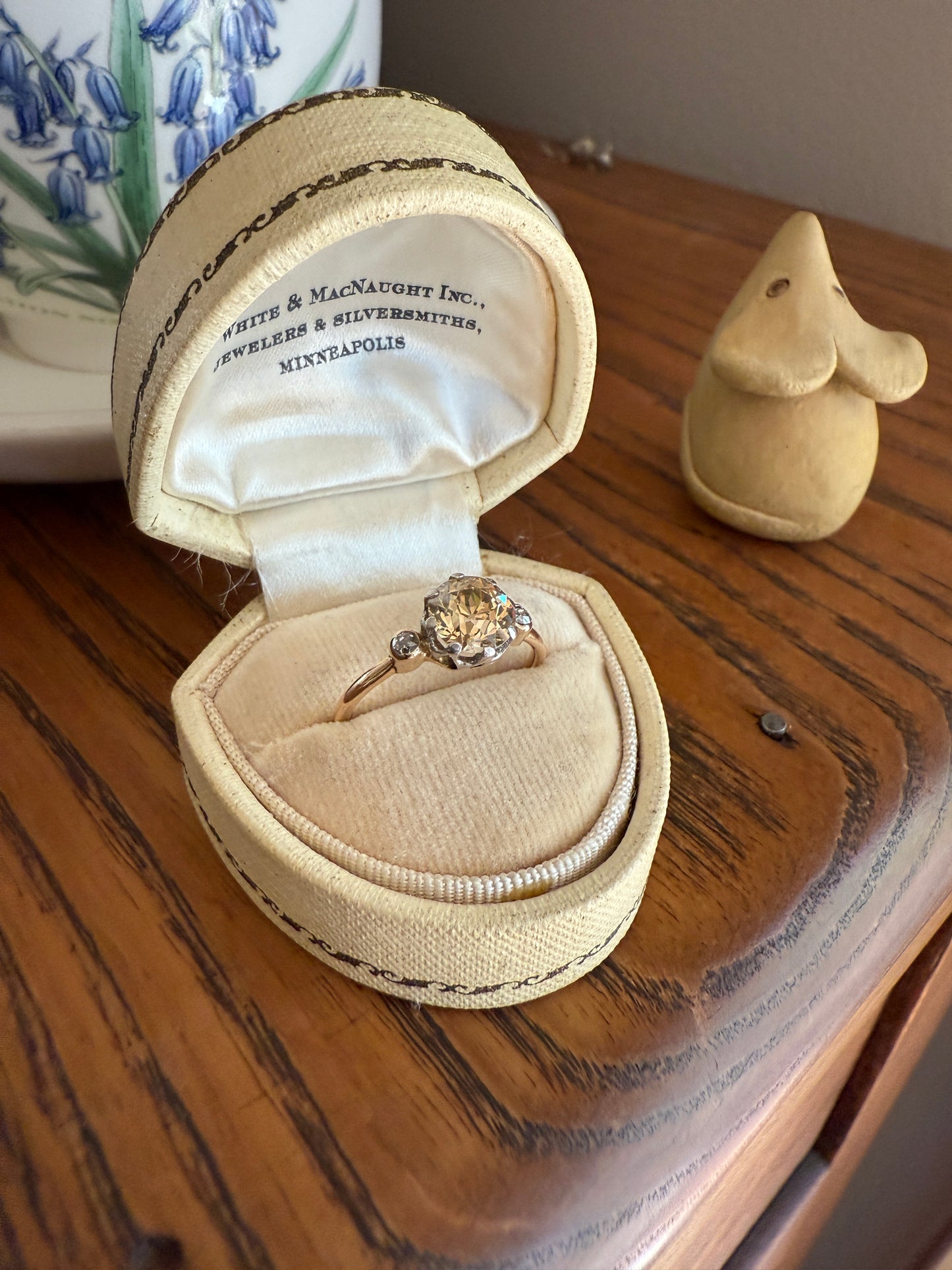 Antique Eye Clean Color Change 1.5 Carat Antique Fancy Champagne Green Yellow Old Mine Cut DIAMOND Solitaire Ring Three Stone 18k Gold