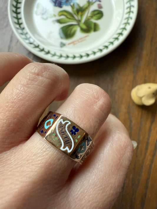 AMITIE French "Friendship" Gold Filled Wide Band Betrothal Ring Traditional Engagement Unique Stacker Enamel