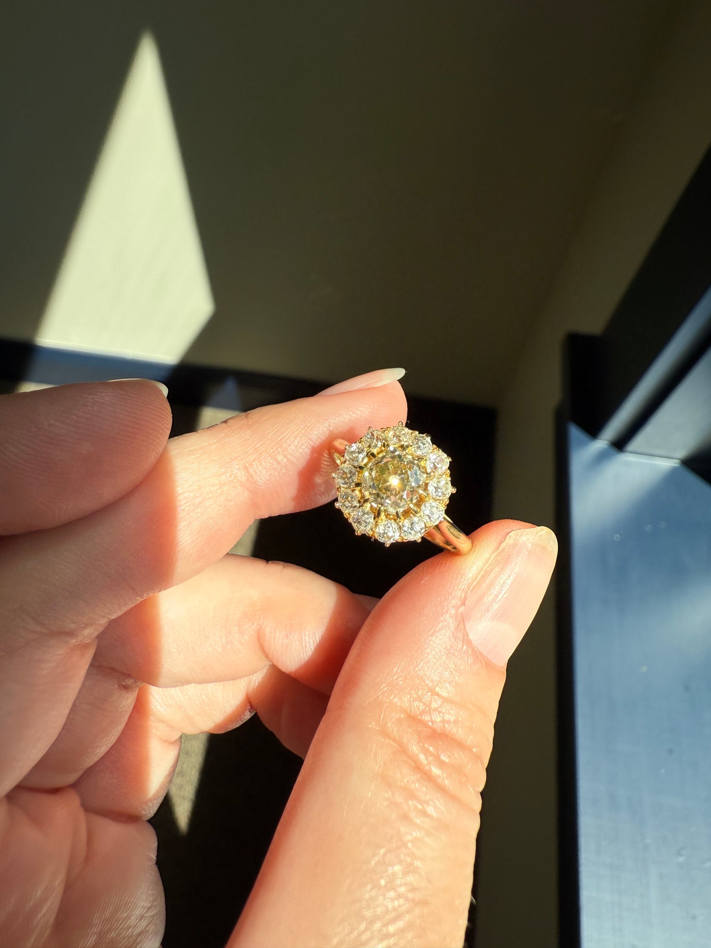 ANTIQUE Eye Clean 1.5 Carat Tdw Champagne Old Mine Cut Diamond Colorless OMC Halo Cluster Ring Victorian Two Tone 1.5Ctw Light Yellow Brown