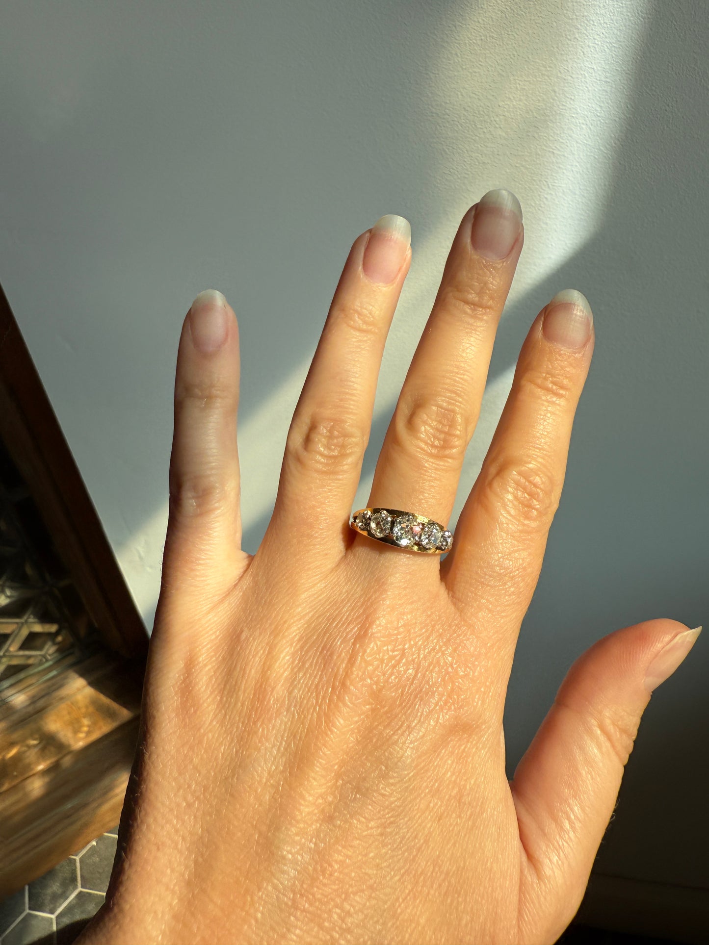 TALL French Vintage Ring 1.65 Carat Antique Old Mine Cut DIAMOND Five Stone Wide Band 18k Gold Platinum Solid Stacker Chunky