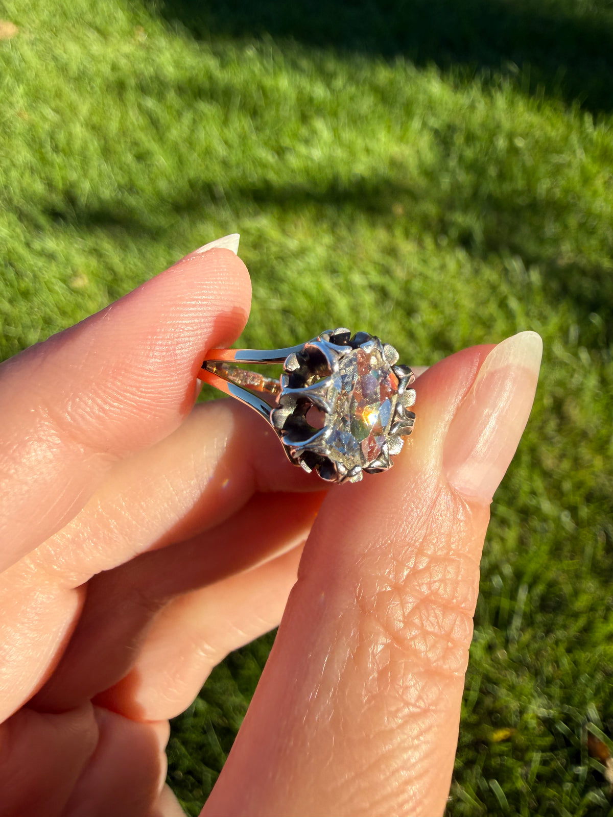 ANTIQUE Elongated Old Mine Cut Oval DIAMOND Silver Star Prong Basket Setting in 10k Gold Unique Buttercup Victorian .6 to 1.2 Ct.