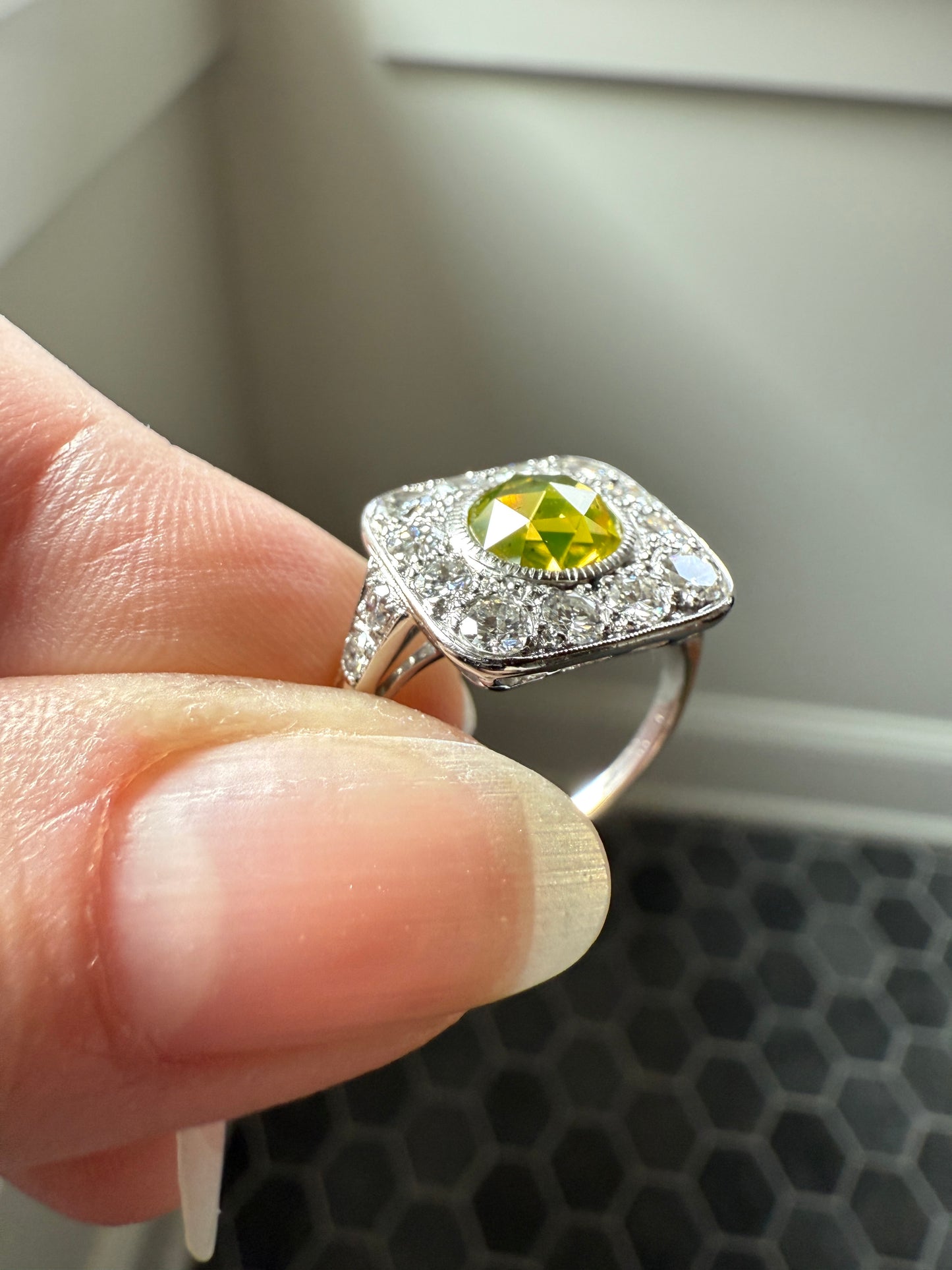 Vintage .8 Carat Fancy Greenish Yellow Natural ROSE CUT Diamond 1.8 Ctw Transitional Cut Boxed Cobblestone Panel Ring Platinum Lemon Lime