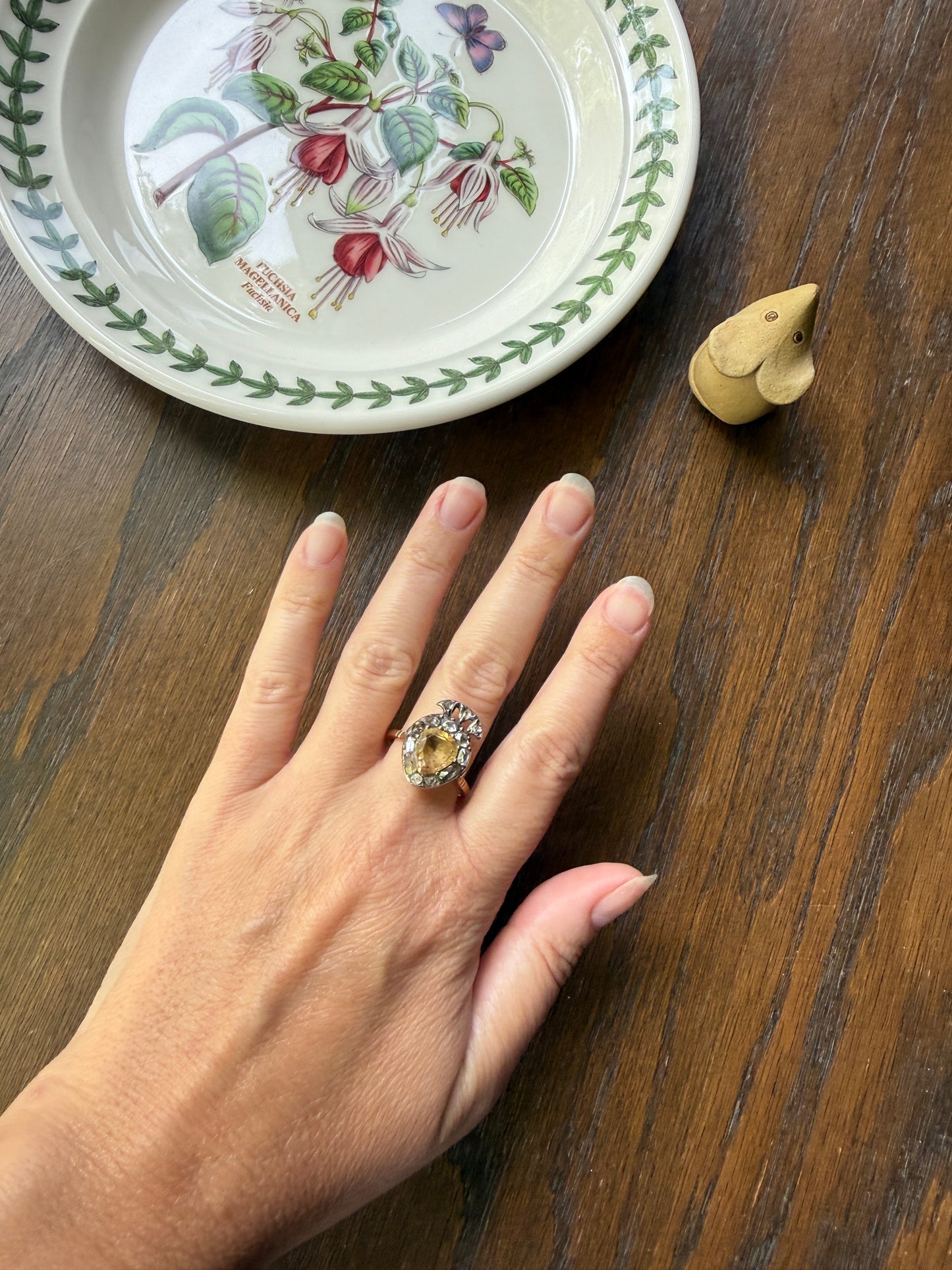 Rare Georgian Era Crowned HEART Ring Pear Precious Golden Yellow Topaz Elongated Old Mine Rose Cut DIAMOND Halo 18k Gold Silver Figural