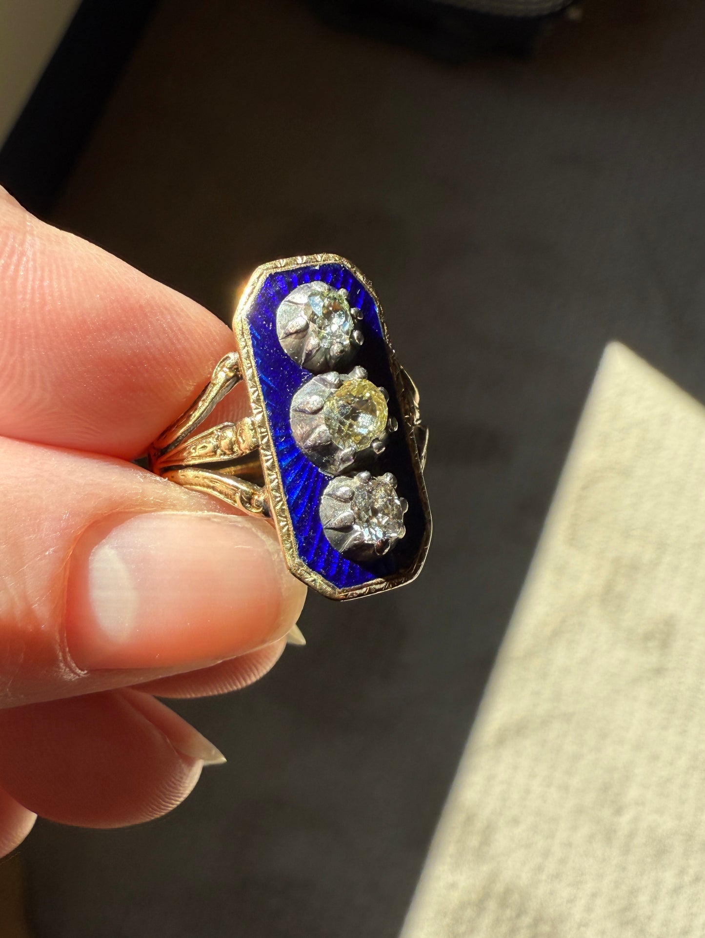 French Antique Georgian Bague Au Firmament .8 Carat Old Mine Cut Diamond Blue Enamel 18k Gold Ring of Heaven STAR Victorian