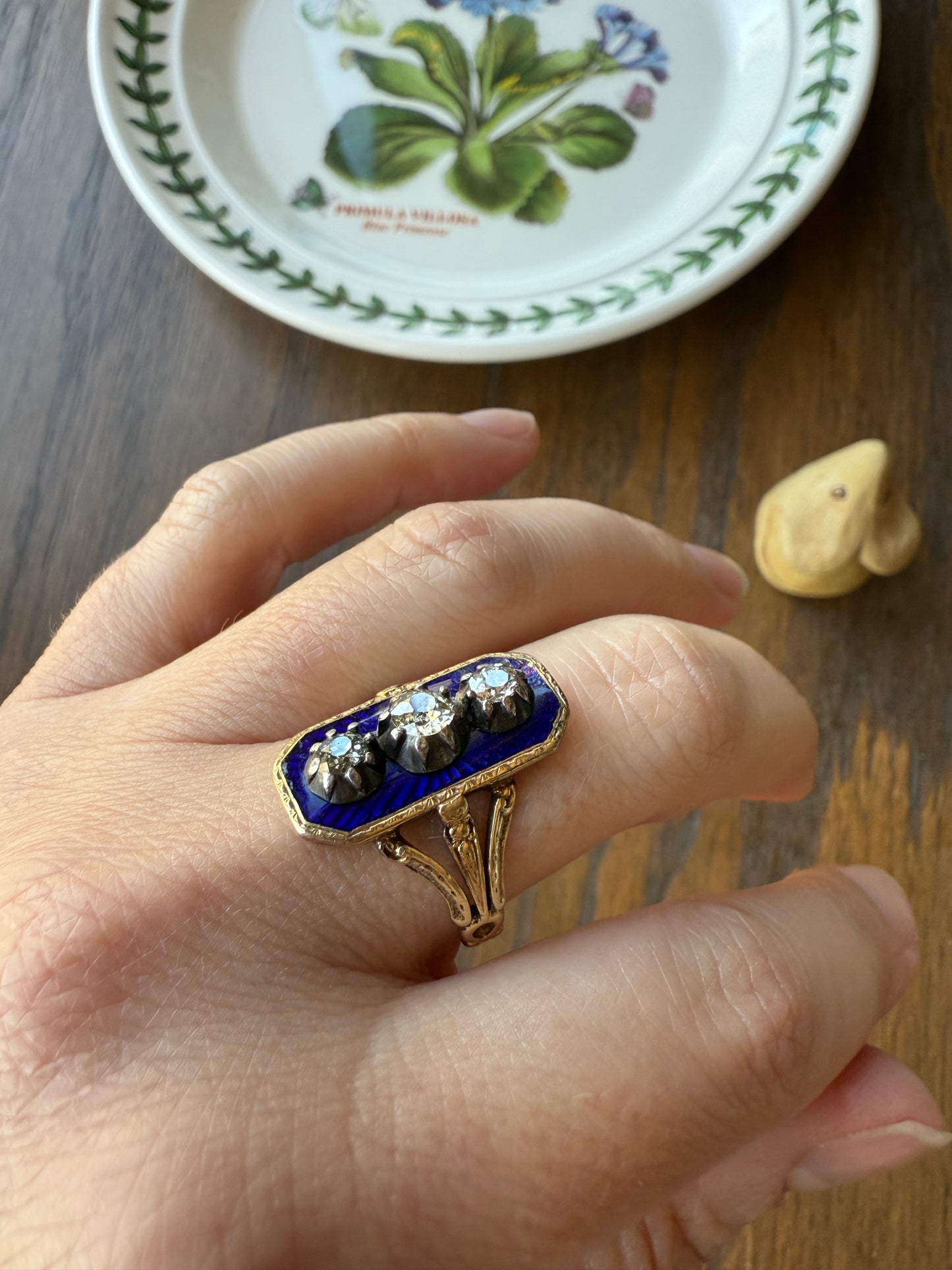 French Antique Georgian Bague Au Firmament .8 Carat Old Mine Cut Diamond Blue Enamel 18k Gold Ring of Heaven STAR Victorian