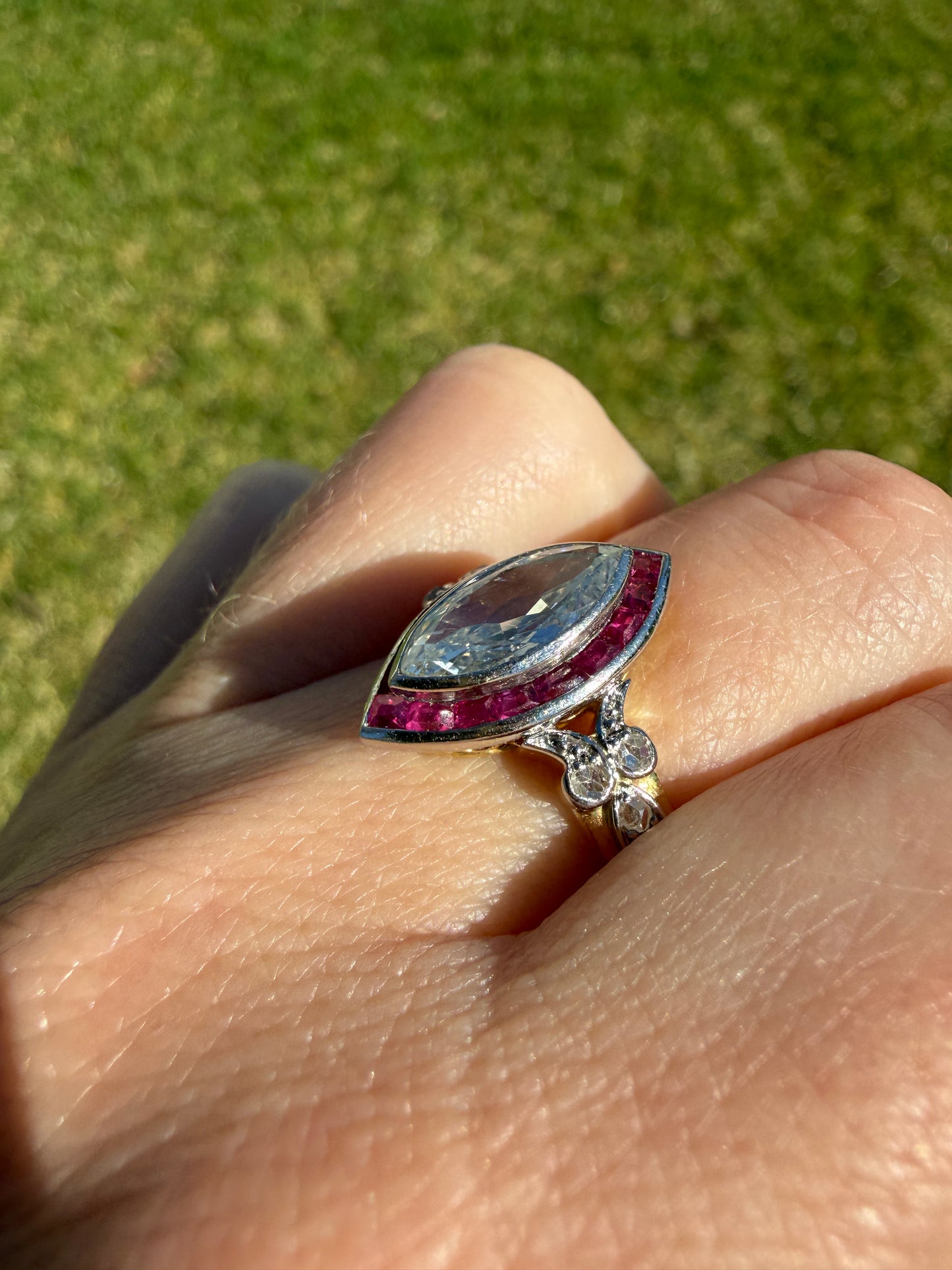 Vintage One Carat Old Cut MARQUISE Diamond Ruby HALO Navette French Art Deco Ring 18k Gold Platinum Belle Epoque Pink Rose Cut Accents