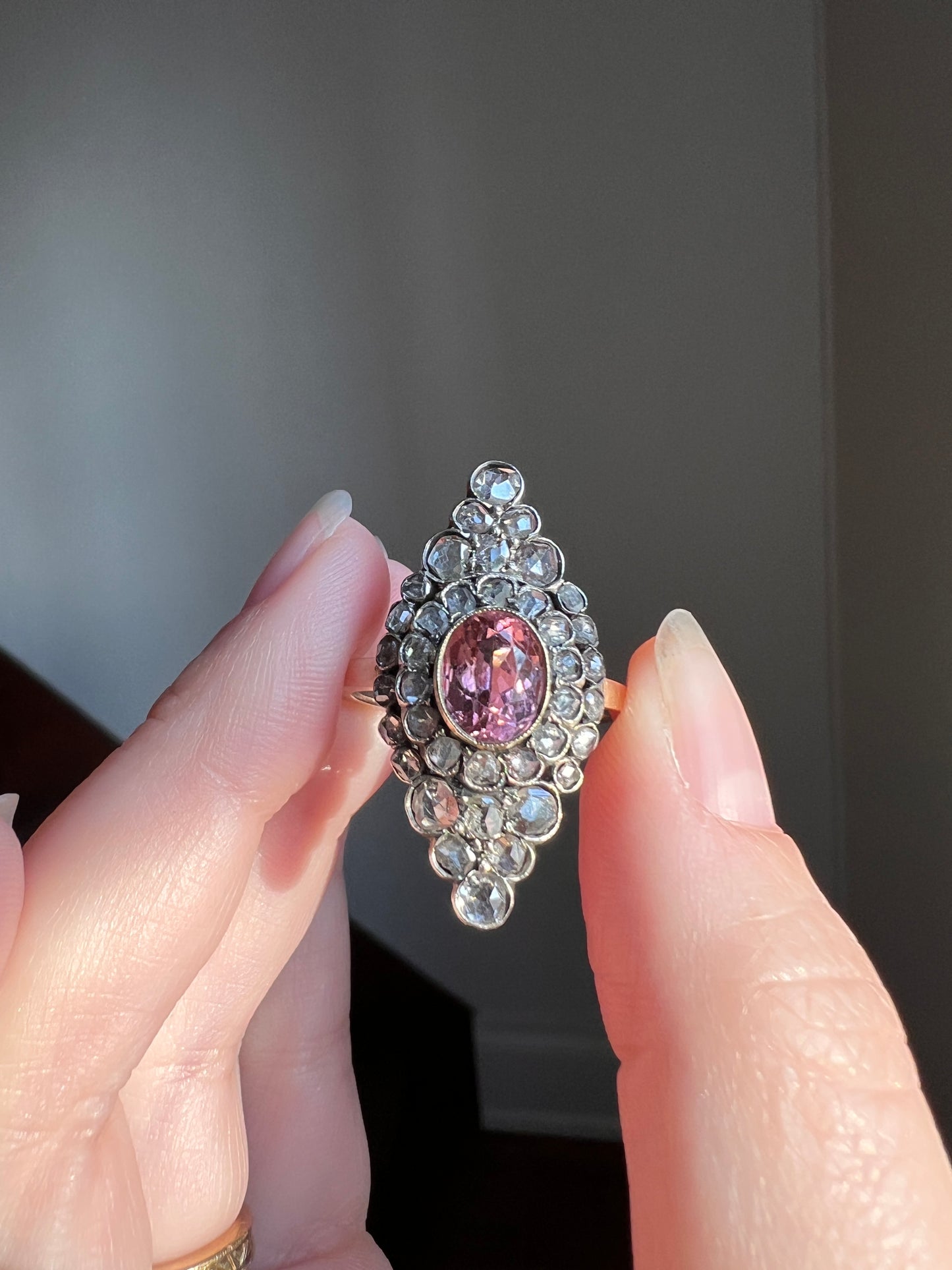 Pink TOURMALINE 2 Carats Rose Cut DIAMONDS XL Antique Navette Ring 14k Gold Platinum Tiered Halo Cluster