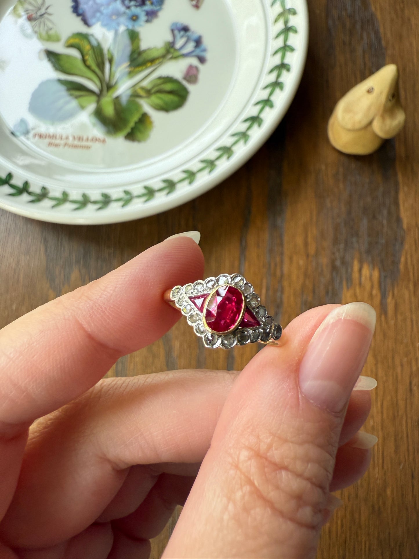 Antique Pink RUBY Rose Cut DIAMOND Garland Halo East West Ring French 18k Gold Stacker Belle Epoque Triangular Trillion