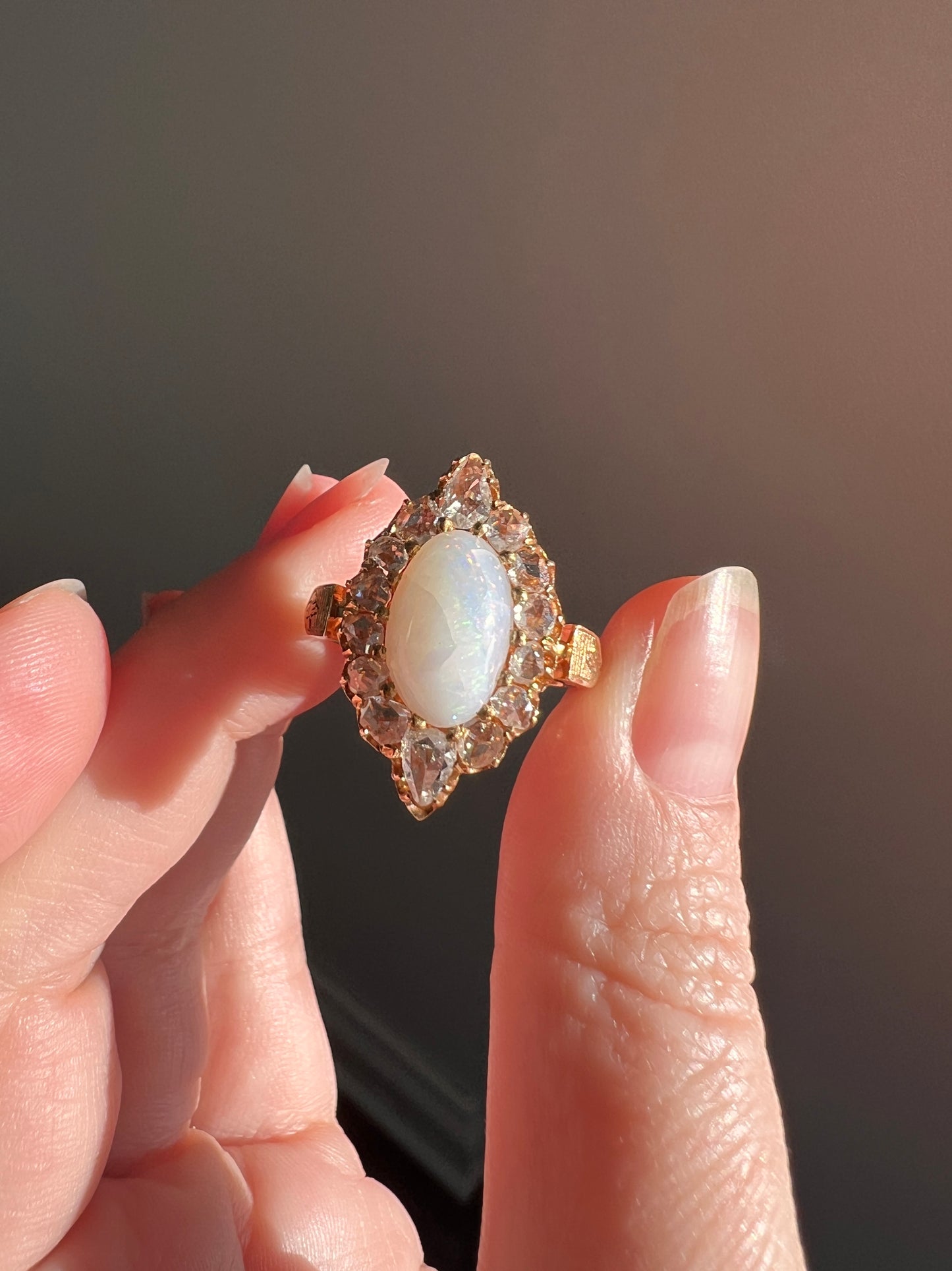 PEAR 1 Carat Rose Cut Diamond Halo Large OPAL French Antique Belle Epoque Ring 18k Gold Gift Belle Epoque